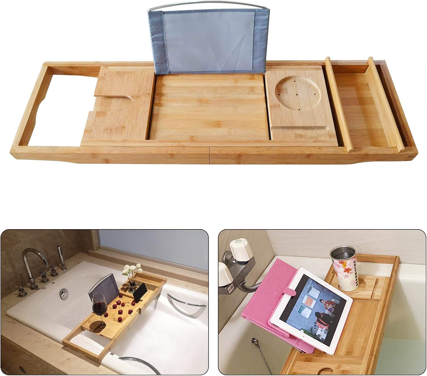 Bath Caddy Tray for Tub, Bamboo Bathtub Tray Caddy 29.5-42.9 inch Expandable with Wine Glass Holder, Book Stand and Phone Slot Luxury Bubble Bath Accessories & Spa Decor Distinctive Gift