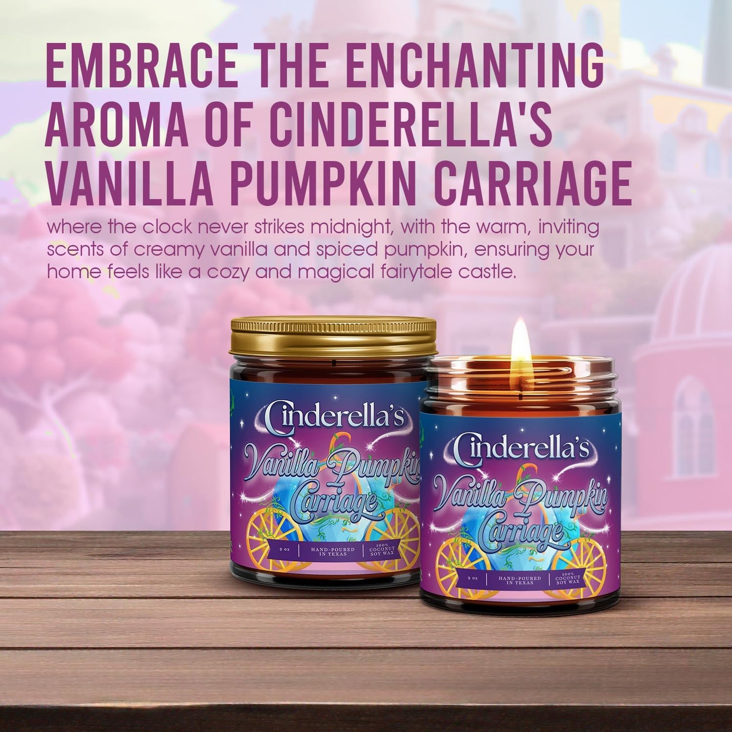 Fantaswick's Cinderella's Vanilla Pumpkin Carriage Scented Candle | 100% Natural Coconut Soy Wax & Cotton Wick in Amber Candle Jar | Hand-Poured in Texas | 9oz