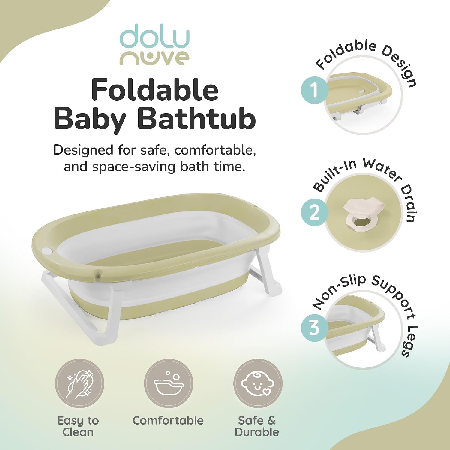 Dolu Nuve Foldable Baby Bathtub, Collapsible Infant and Toddler Bath Tub with Non Slip Feet, Portable Design for Bathroom or Travel, Eco Green