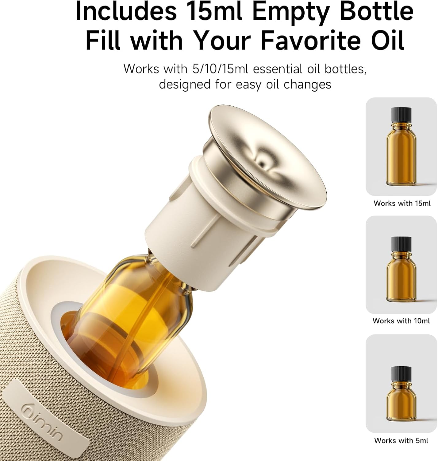 Waterless Essential Oil Diffuser for Home & Car, Cordless Portable Diffuser with Auto Start-Stop, 2-in-1 Mode & Adjustable Scent, Fits 5/10/15ml Bottles, Rechargeable Car Diffuser, Cream