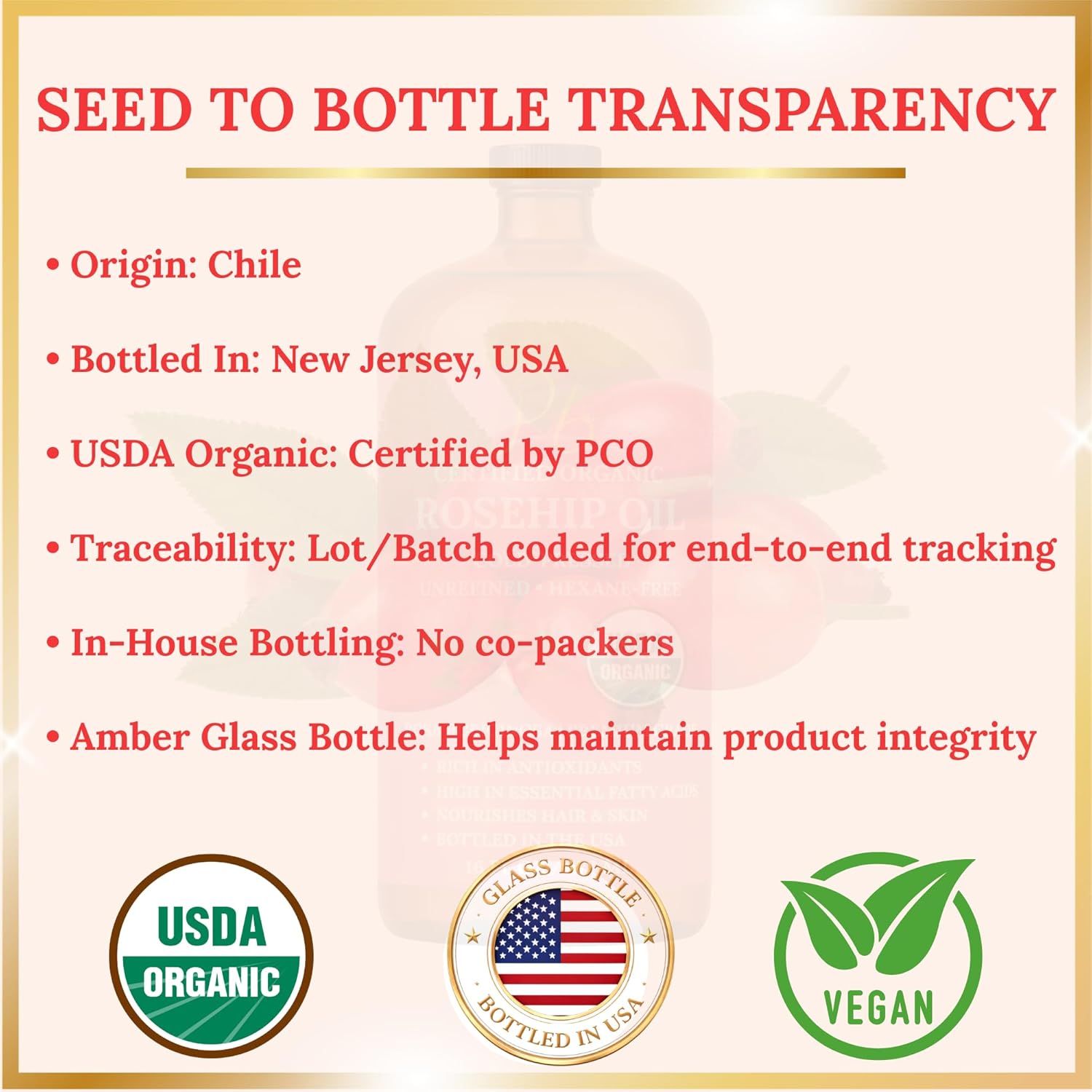 Rosehip Oil – USDA Organic 100% Pure, Cold-Pressed & Unrefined, Rosehip Oil for Face, Skin & Hair– Helps Reduce the Appearance of Fine Lines & Wrinkles – Rose Hip Seed Oil16 fl oz Glass Bottle