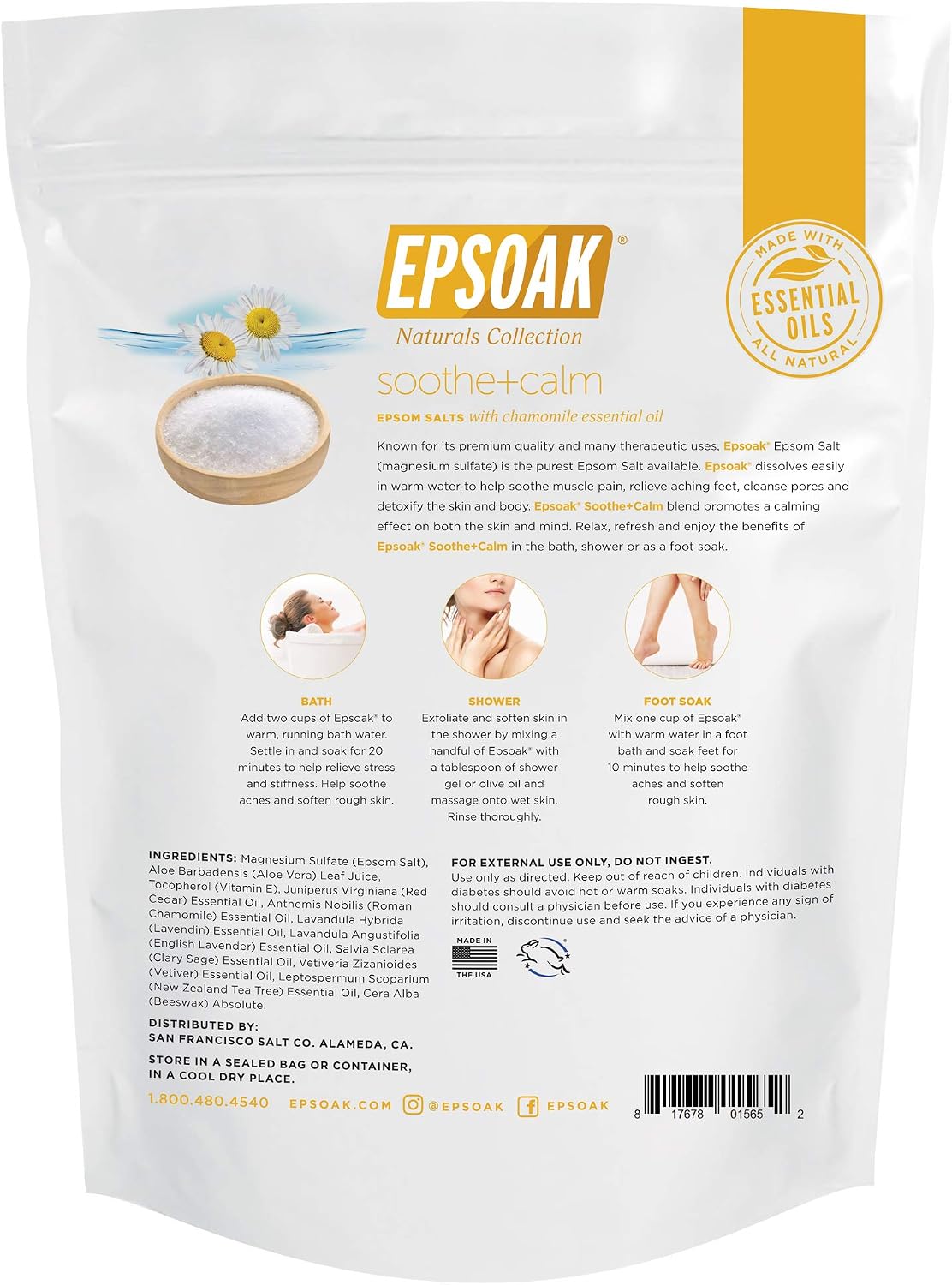 Epsoak Epsom Salt 2 lb. USP Magnesium Sulfate with Soothing + Calming Scent with Chamomile Resealable Epsom Salt Bag, Made in The USA, Cruelty-Free Certified