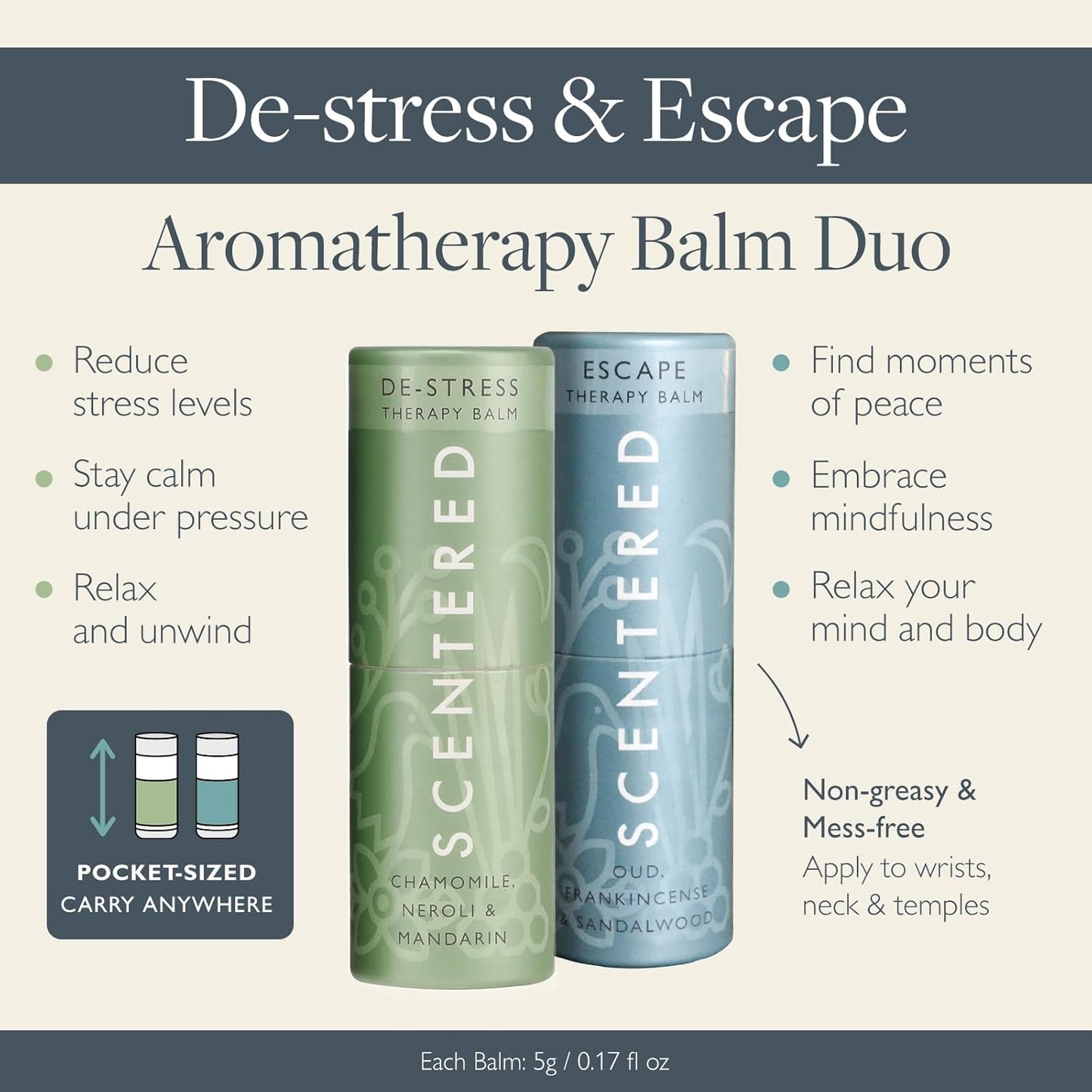 Scentered Aromatherapy Balm Sticks for Stress-Relief & Meditation - Roll On Essential Oil Blends of Frankincense, Oud, Chamomile - Aromatherapy Gifts for Women - De-Stress & Escape