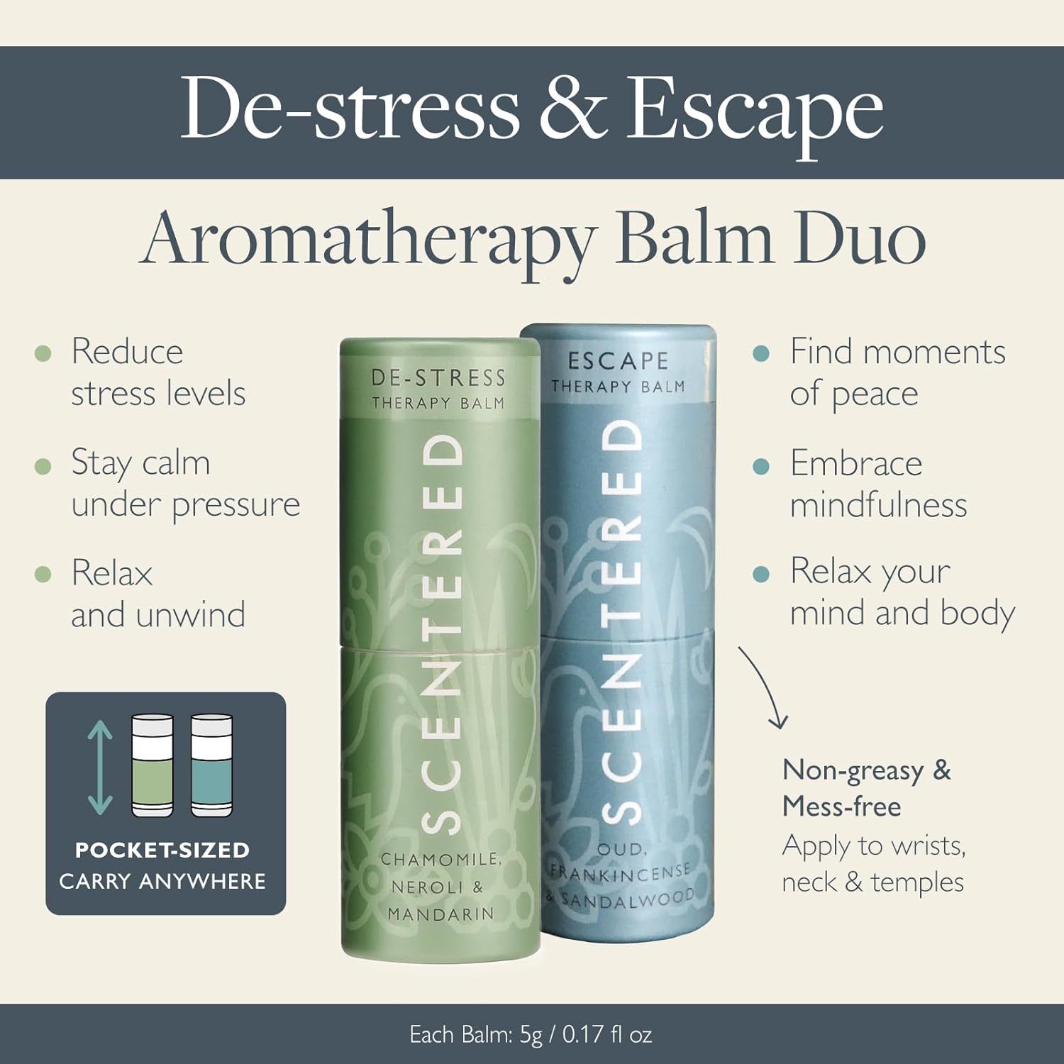 Scentered Aromatherapy Balm Sticks for Stress-Relief & Meditation - Roll On Essential Oil Blends of Frankincense, Oud, Chamomile - Aromatherapy Gifts for Women - De-Stress & Escape