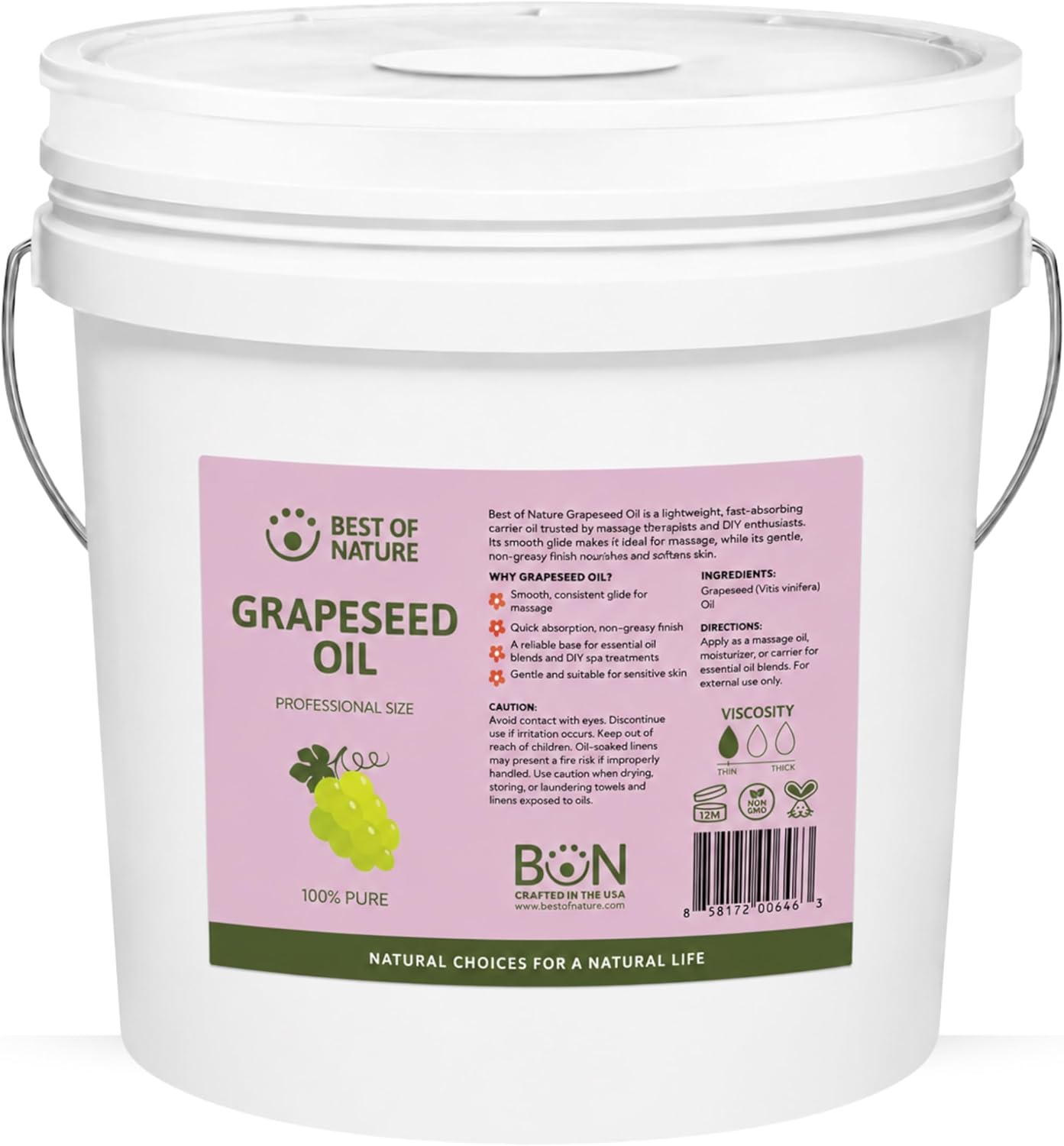 Best of Nature 100% Pure Grapeseed Oil - Unscented, Lightweight, Non-Greasy Moisturizer for Hair, Skin, Face & Aromatherapy, Carrier Oil for Essential Oils, 5 Gallon Pail (640 fl oz)