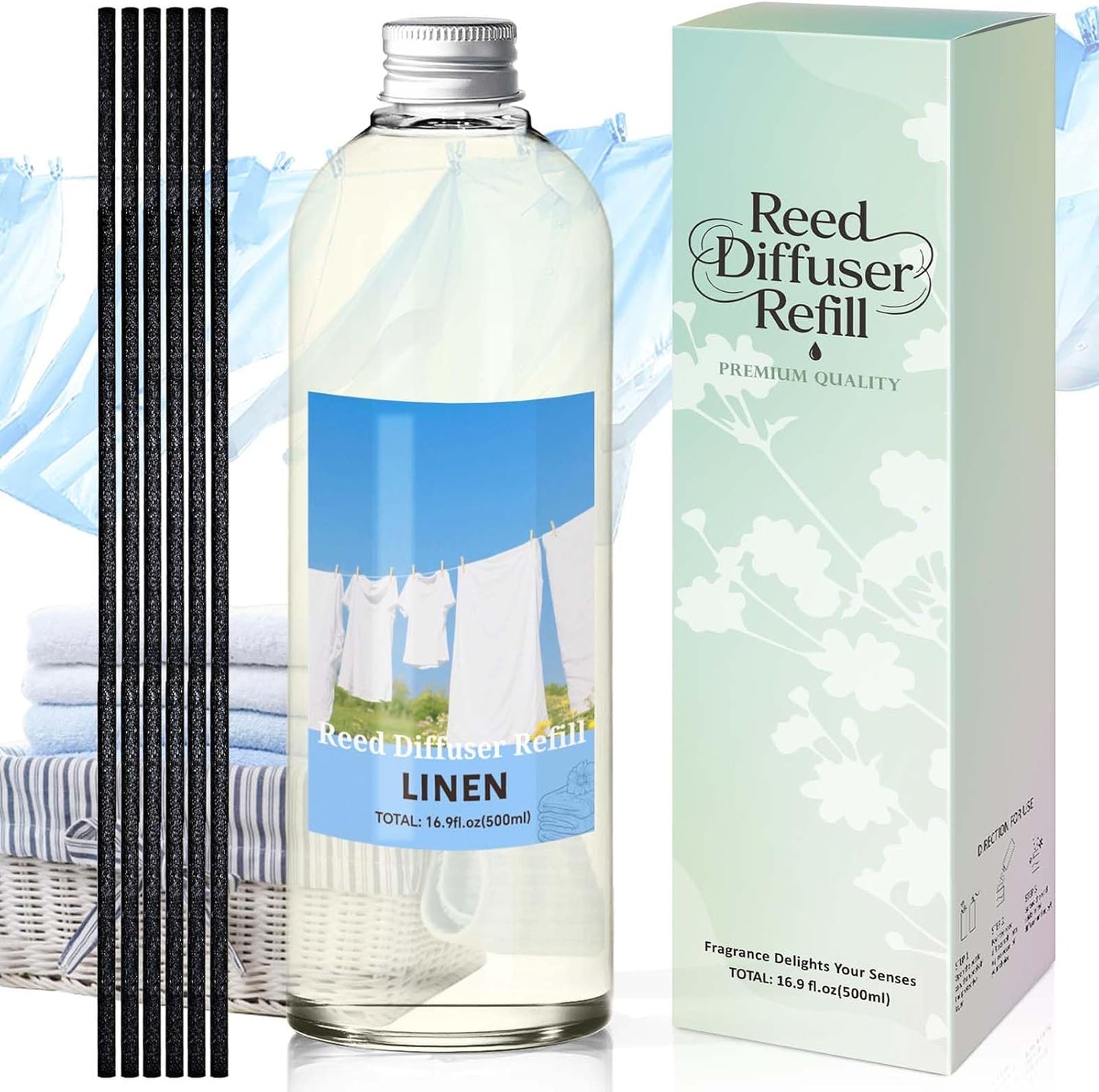 STRN Linen Reed Diffuser Refill 500ml with 6 Natural Reed Sticks, Smooth Aromatherapy for Home, Cozy Comfort Fragrance for Bedroom, Closet, Bathroom