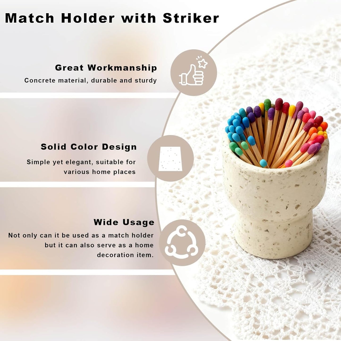 Concrete Match Holder with Striker, 2.5" x 3.1" Decorative Matchstick Jar Box for Fireplace, Candles, Cute Match Jar for Home Décor, Gift (Matches Not Included)