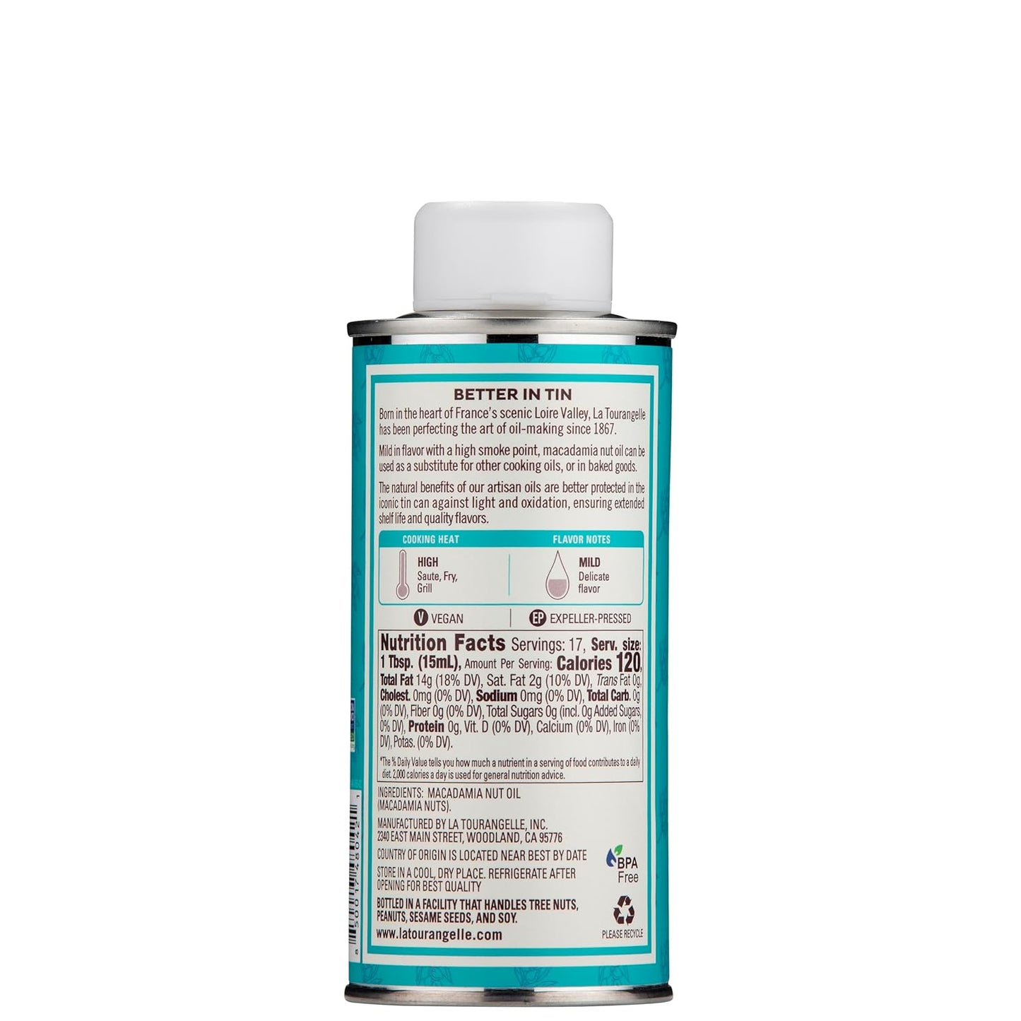 La Tourangelle, Virgin Macadamia Oil, High Smoke Point for Cooking, Sauté, Stir-Fry, Roasting, Baking, Face and Hair, Buttery Mild Taste, Cold-Pressed, 8.45 fl oz