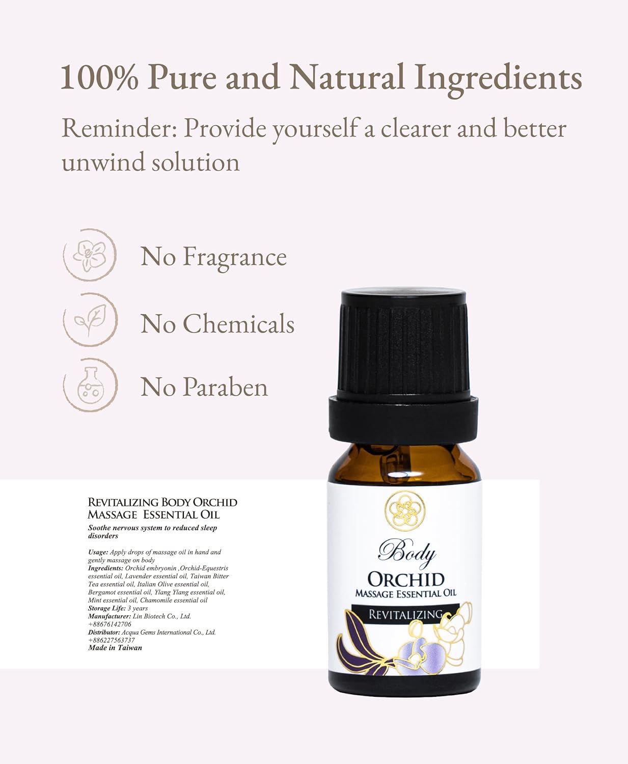 100% Organic Essential Oil Blend for Massage, Home Care, Aromatherapy, Natural Ingredients - Orchid, Lavender, Bergamot, Chamomile, Ylang Ylang, 10ML