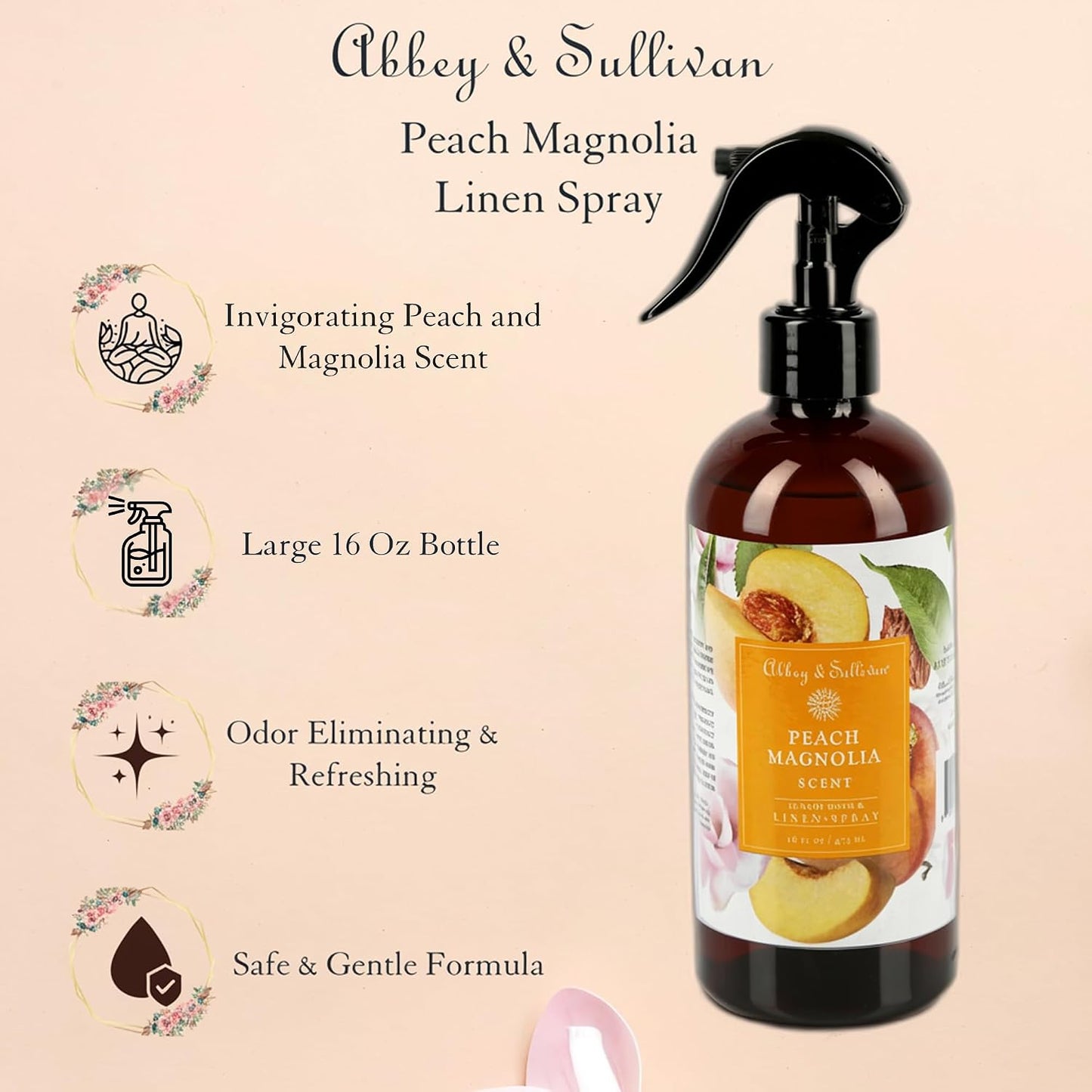 Abbey & Sullivan Linen Spray, Peach Magnolia, Fabric Freshener and Fragrance Room Spray, Pack of 2, 16 oz
