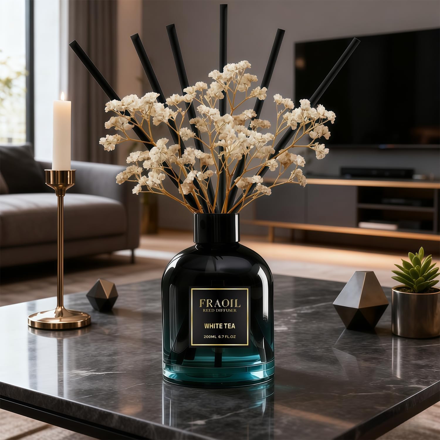 Sandalwood Reed Diffuser, Reed Diffuser Set 6.7 fl oz (200 ml) with 6 Reed Sticks, Home Fragrance Reed Diffuser for Bathroom Shelf House Bedroom Office Decor