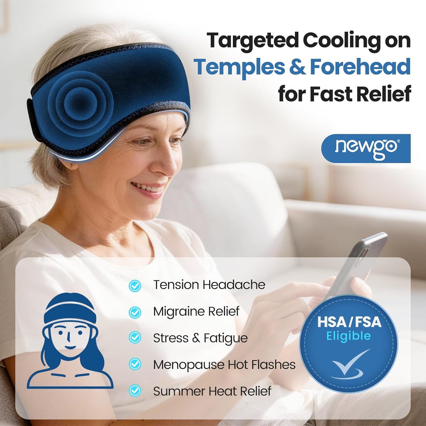 NEWGO Headache Ice Pack Head Wrap for Migraines, FSA Eligible, Cold Pack Head Ice Therapy Wrap for Headache Relief, Tension, Sinus Pain, Chemo, Head Injuries