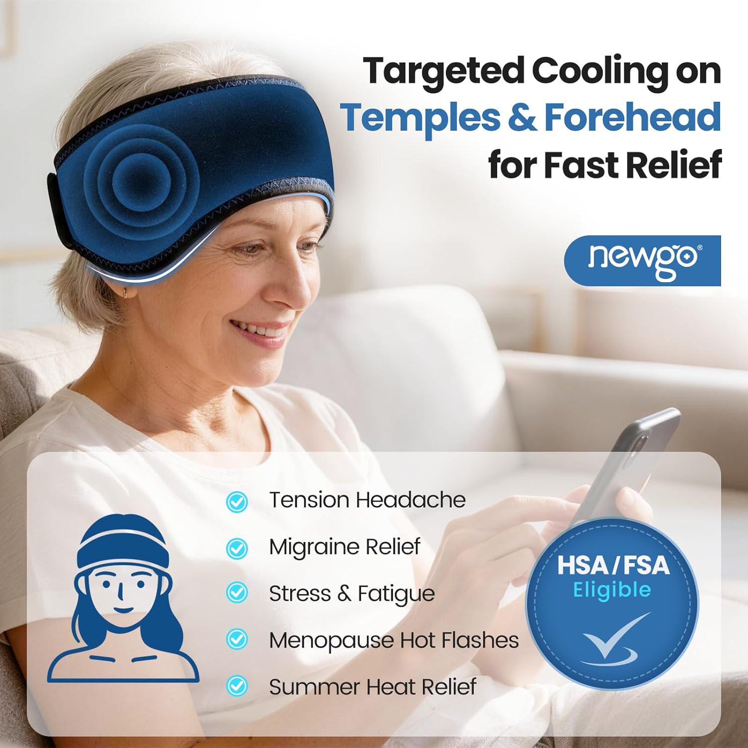 NEWGO Headache Ice Pack Head Wrap for Migraines, FSA Eligible, Cold Pack Head Ice Therapy Wrap for Headache Relief, Tension, Sinus Pain, Chemo, Head Injuries