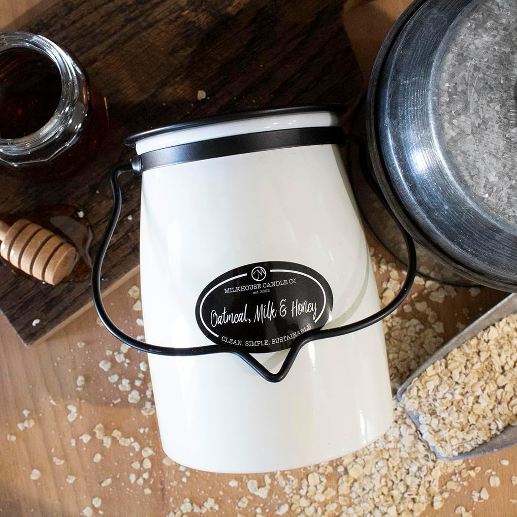Milkhouse Candle Company Oatmeal, Milk & Honey Soy Candle - Oatmeal Cookie | Milk & Honey | Cherry Scented - 22 oz Butter Jar with Lid, 120+ Hour Burn Time, Made in the USA