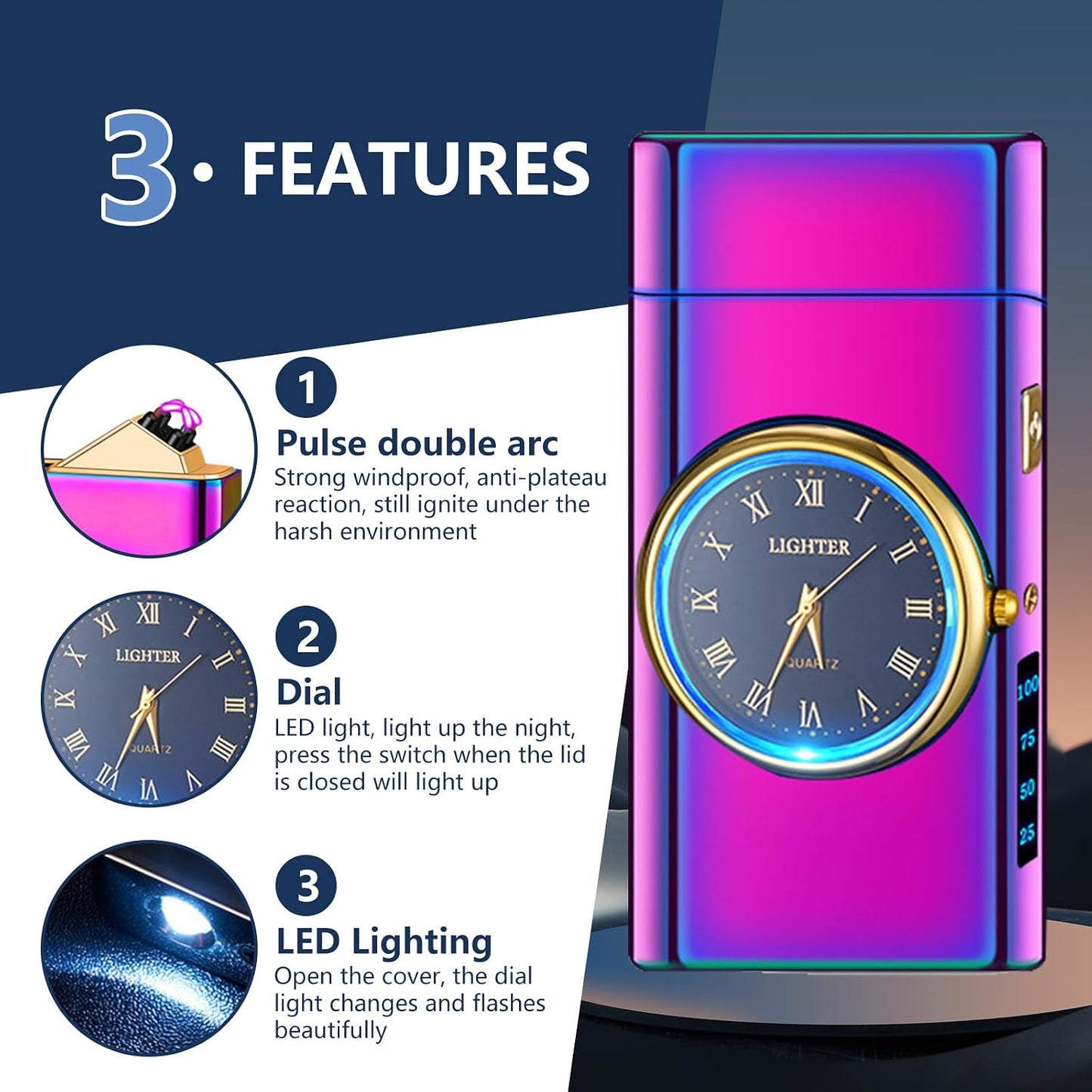SKRFIRE Electric Arc Lighter USB Rechargeable Windproof Plasma Lighter with Double Pulse, LED Display for Candles BBQ Camping, for Men Women (Prestige Colorful)