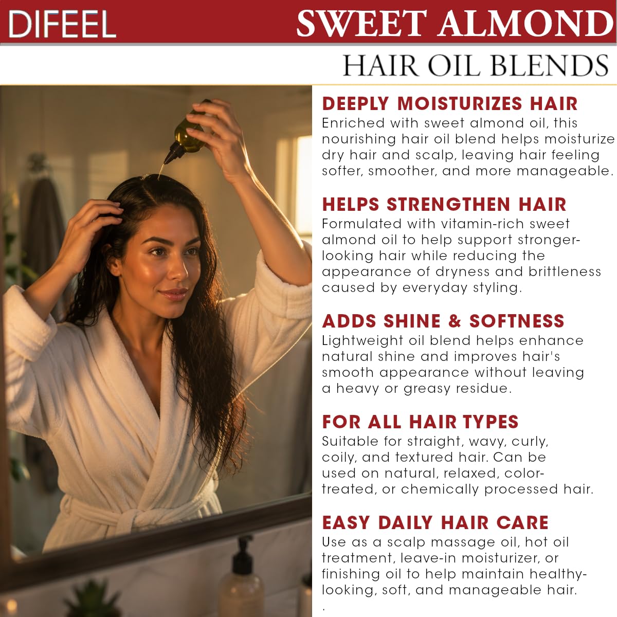 Difeel Sweet Almond Hair Oil Blend - Travel Size 2.5 ounce