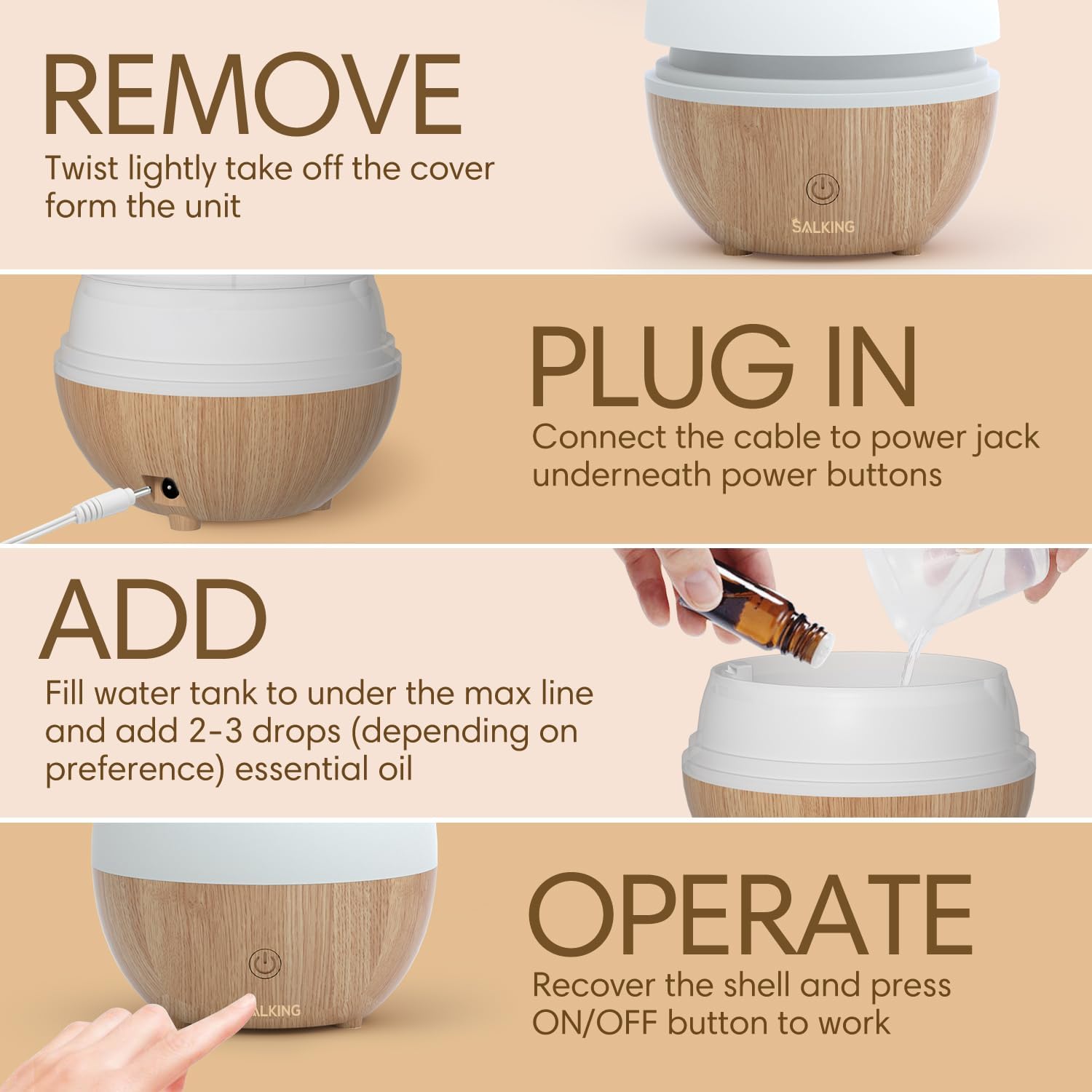 SALKING Aromatherapy Diffuser & Floral Essential Oils Set, 100ml Diffuser Ultrasonic Diffuser Cool Mist Humidifier with 8 Colors Light, Waterless Auto Off for Home Office