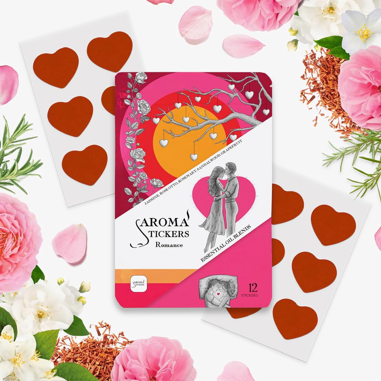 AROMA STICKERS® Original Blend Romance - 100% Natural Essential Oil Scented - Aromatherapy Sticker Diffuser for Perosonal Space - Towels & Pillows/Relaxing & Sleeping (Pack of 1, 12 Stickers)