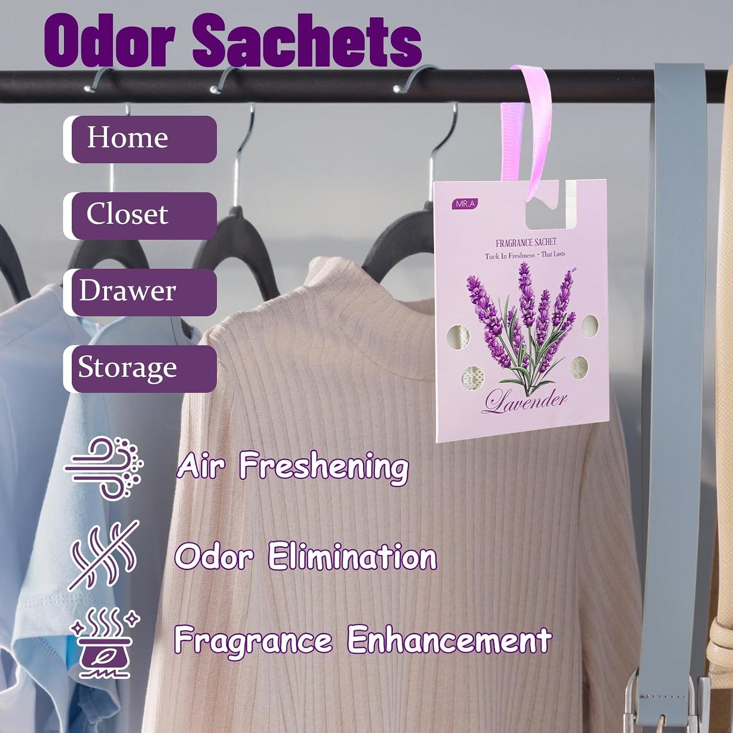 13Packs Lavender Scented Sachets, Fragrance Sachet Bags for Drawers and Closets, Air Fresheners for Car and Home, Closet Deodorizer Scented Drawer Fresheners for Dresser with Hanger Hooks