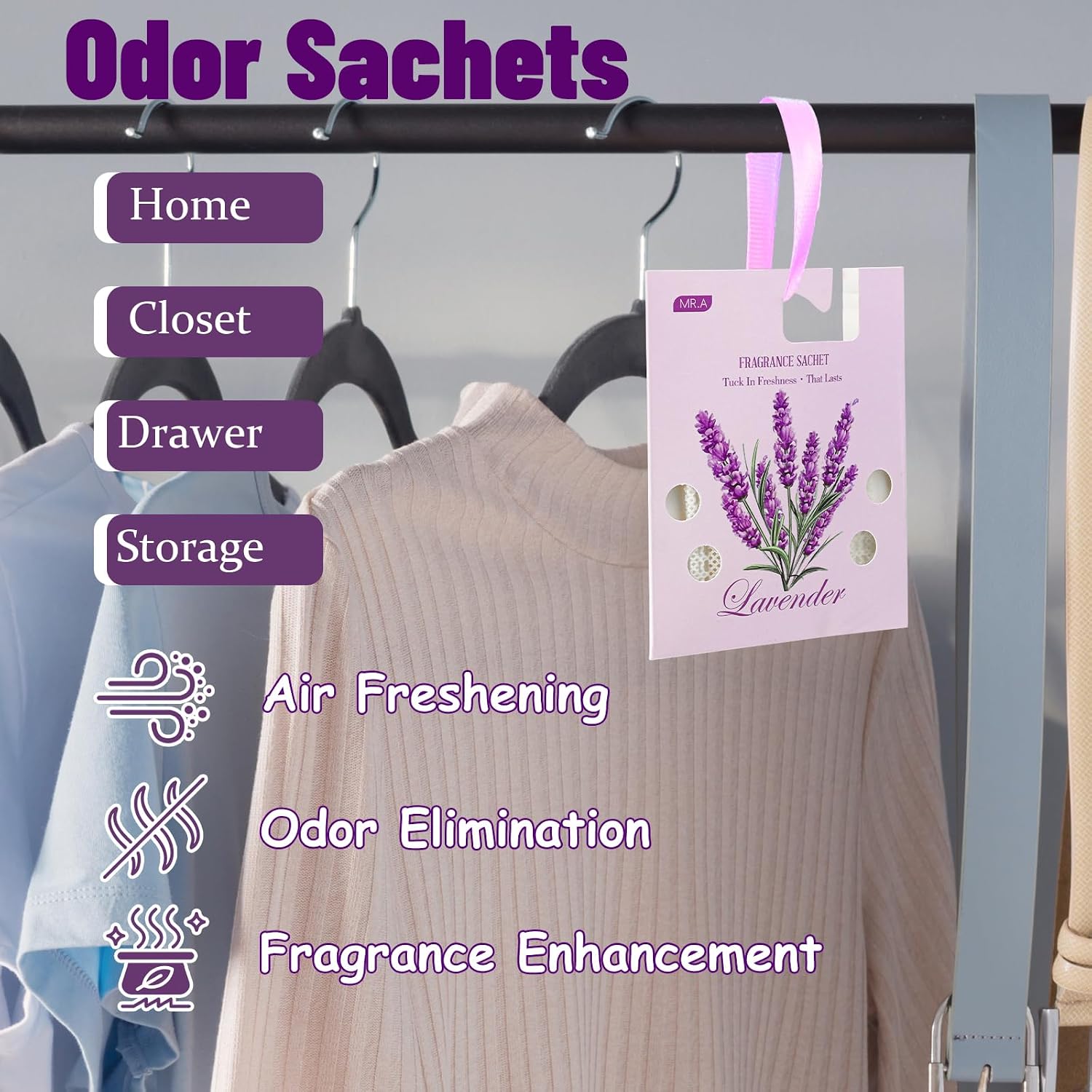 13Packs Lavender Scented Sachets, Fragrance Sachet Bags for Drawers and Closets, Air Fresheners for Car and Home, Closet Deodorizer Scented Drawer Fresheners for Dresser with Hanger Hooks