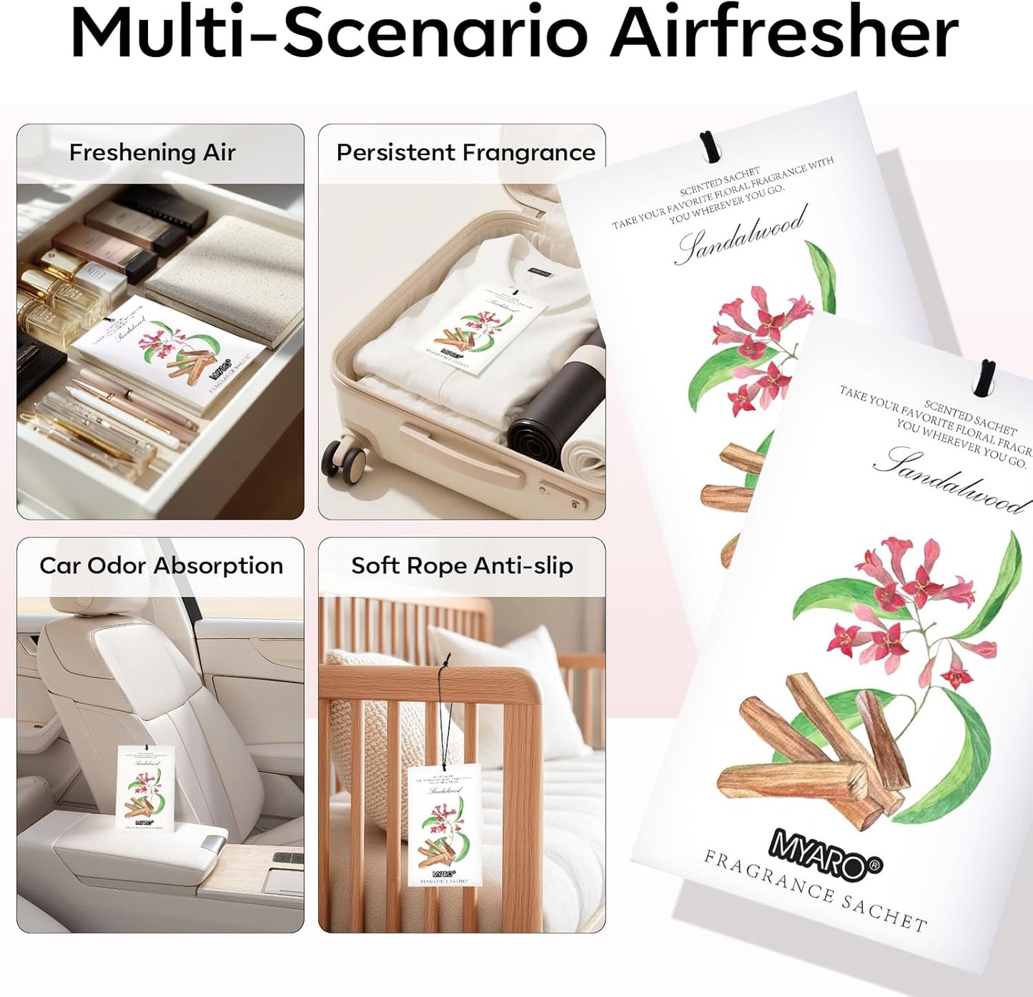 MYARO 12 Pack Sandalwood Scented Sachets for Drawer, Closet & Small Spaces Air Freshener Bags, Odor Eliminator for Clothes, Car, Wardrobe, Home Fragrance Gift Set