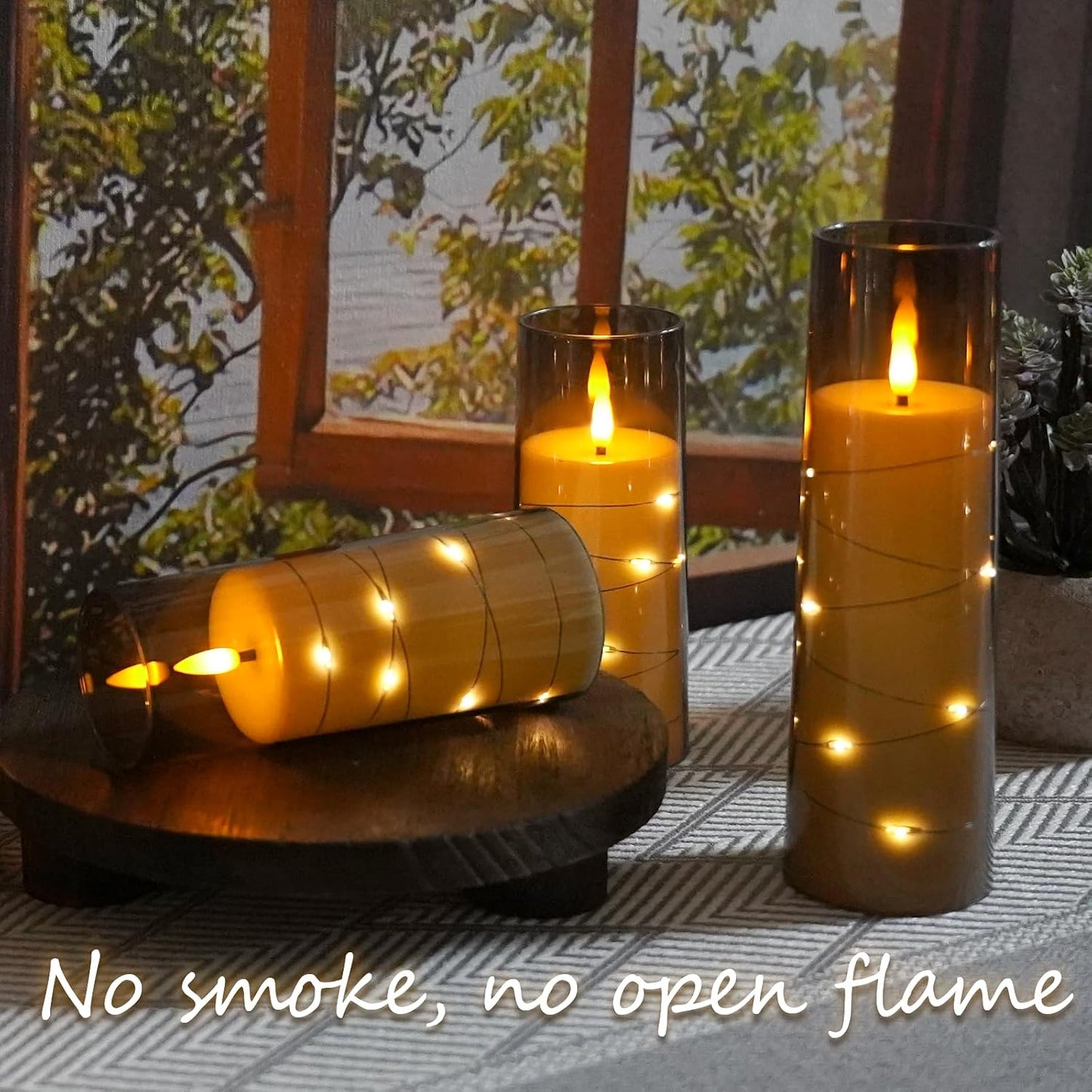 kakoya Flameless LED Candles with Timer 9 Pc Flickering Flameless Candles for Romantic Ambiance and Home Decoration Stable Acrylic Shell,with Embedded Star String，Battery Operated Candles（Grey）