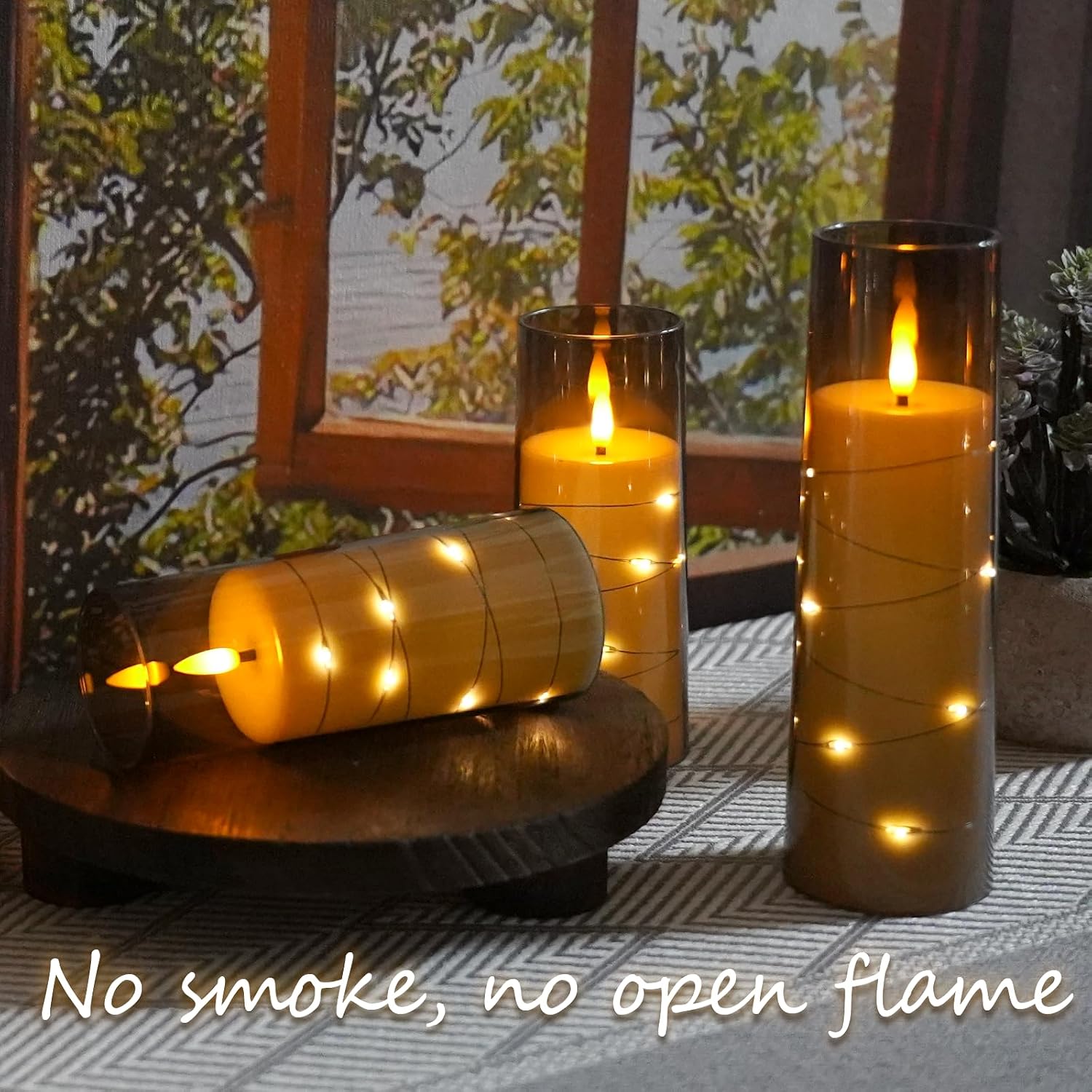 kakoya Flameless LED Candles with Timer 9 Pc Flickering Flameless Candles for Romantic Ambiance and Home Decoration Stable Acrylic Shell,with Embedded Star String，Battery Operated Candles（Grey）