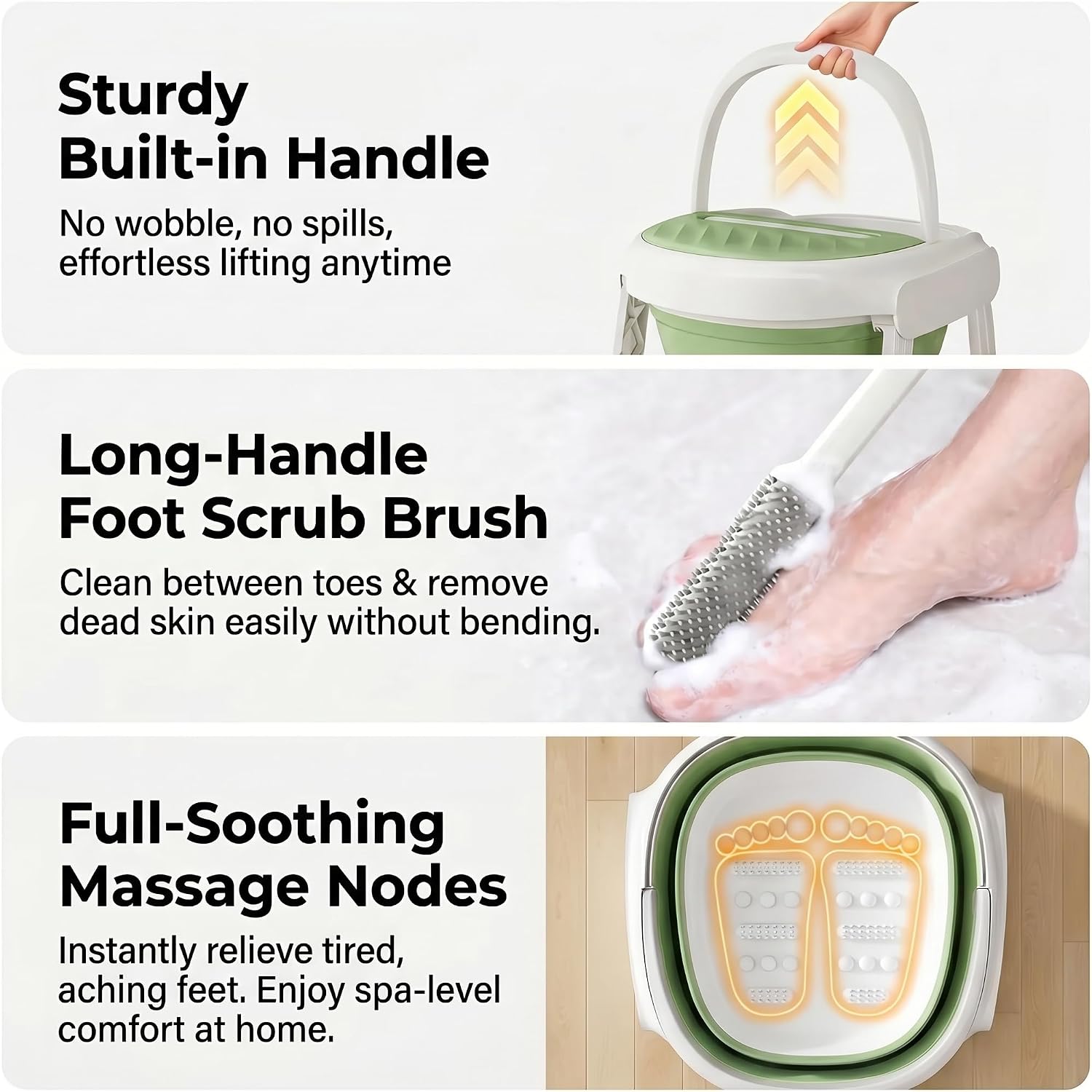 Collapsible Foot Bath Tub with Long Handle Foot Brush, Foldable Foot Soaking Tub with Insulated Lid & Sturdy Support Frame, Pedicure Foot Spa Basin for Men Women Home Travel (Green)