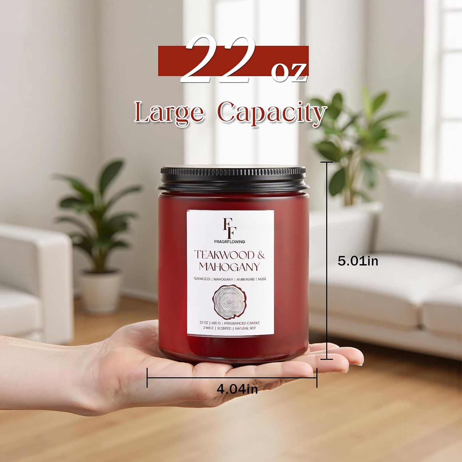 Teakwood & Mahogany Large Christmas Scented Candle, 3-Wick 22oz Long Lasting Scented Candle, Natural Soy Wax Aromatherapy Candle for Home, Holiday Candle Gifts for Women Men
