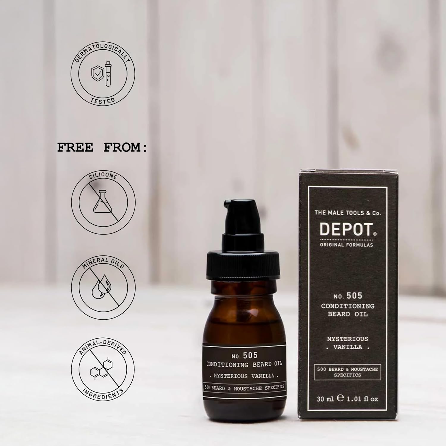 DEPOT No. 505 Conditioning Beard Oil 30ml – Mysterious Vanilla, Apricot, Jojoba & Sunflower Oils for Soft, Shiny, Nourished Facial Hair, Detangles & Strengthens Beard