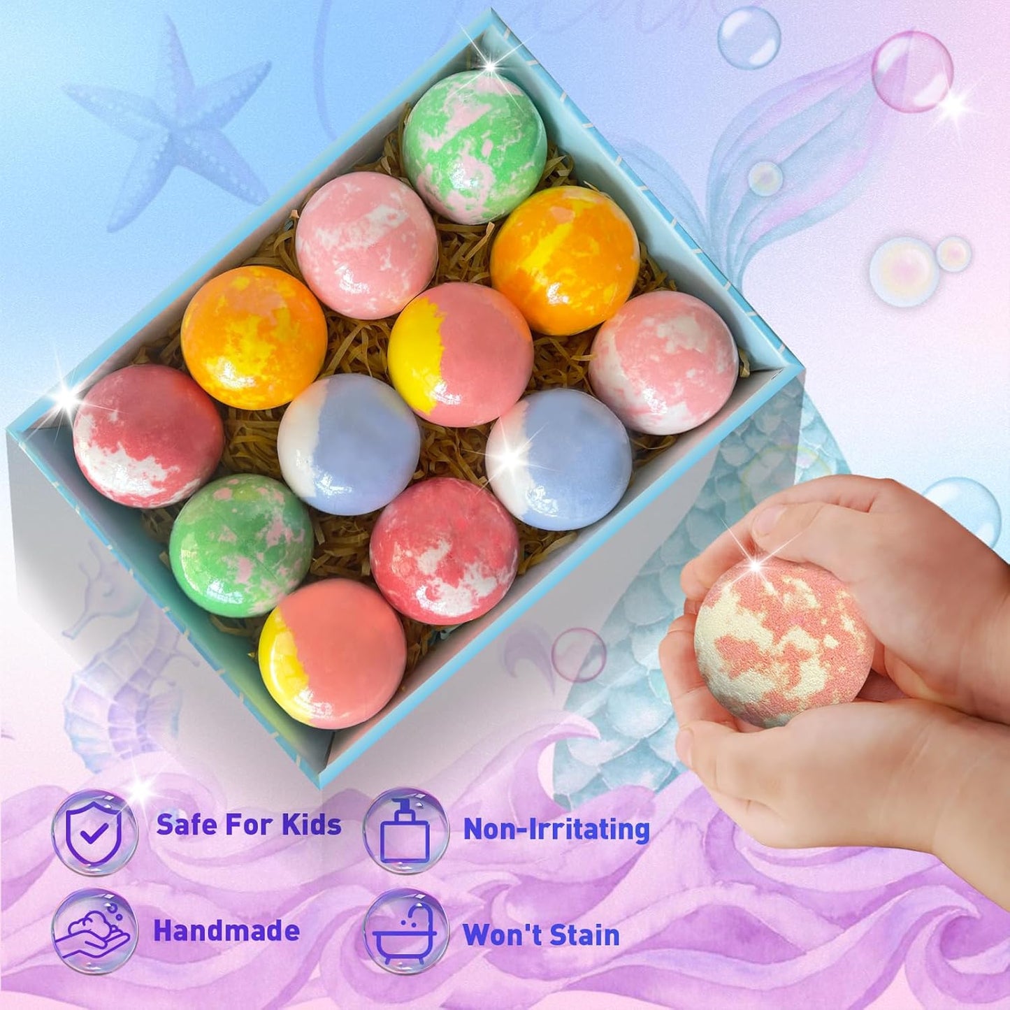 Bath Bombs for Kids with Surprise Inside, 12pcs Kids Bath Bombs with Mermaid Toys Gift Set for Girls, Shea & Coco Butter Dry Skin Moisturize, Birthday Easter Gifts Spa Bath Ball with Bath Toy Fun