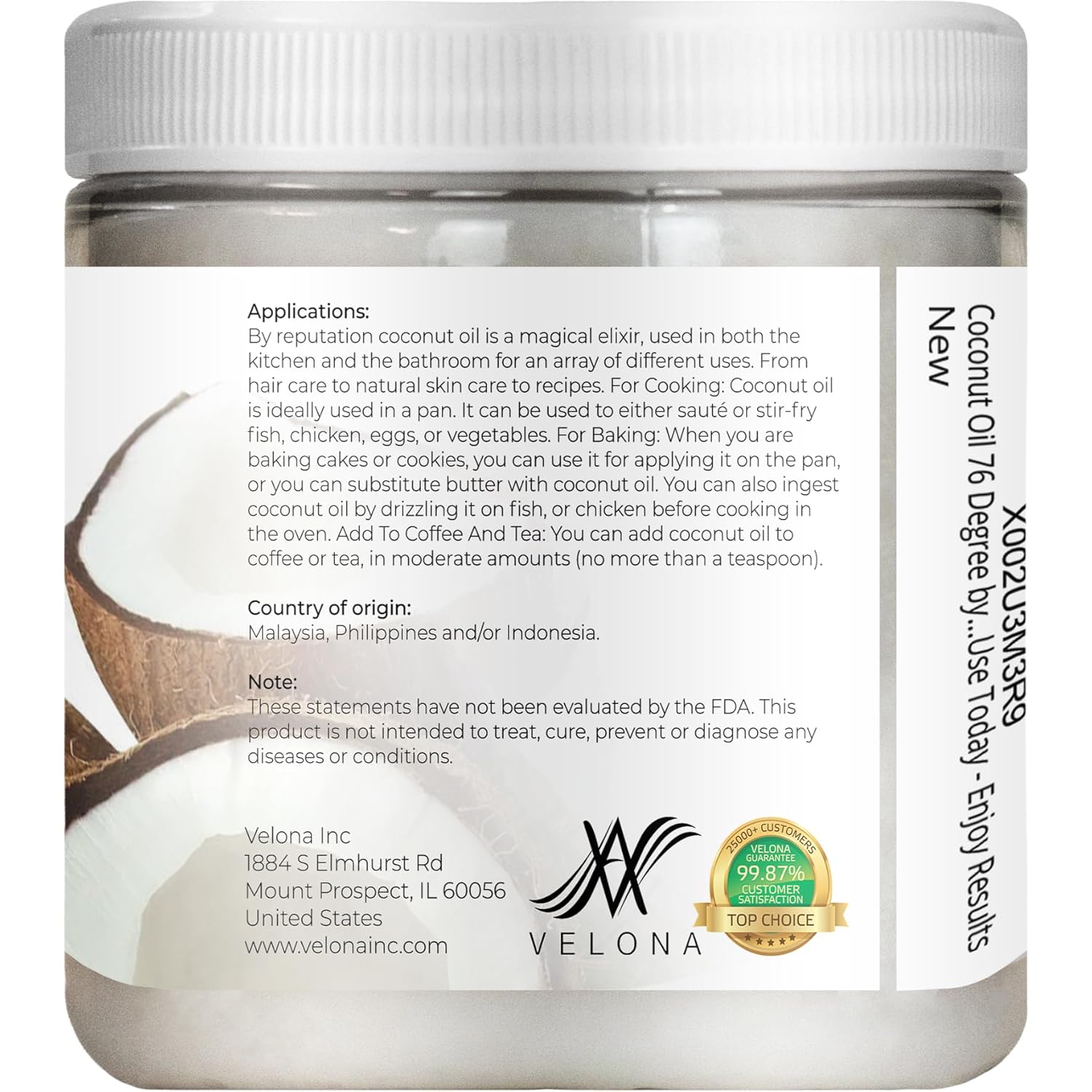 velona Coconut Oil 76 Degree 8 fl oz | 100% Pure and Natural Carrier Oil | in jar | Refined, Cold pressed | Skin, Face, Body, Hair Care | Use Today - Enjoy Results