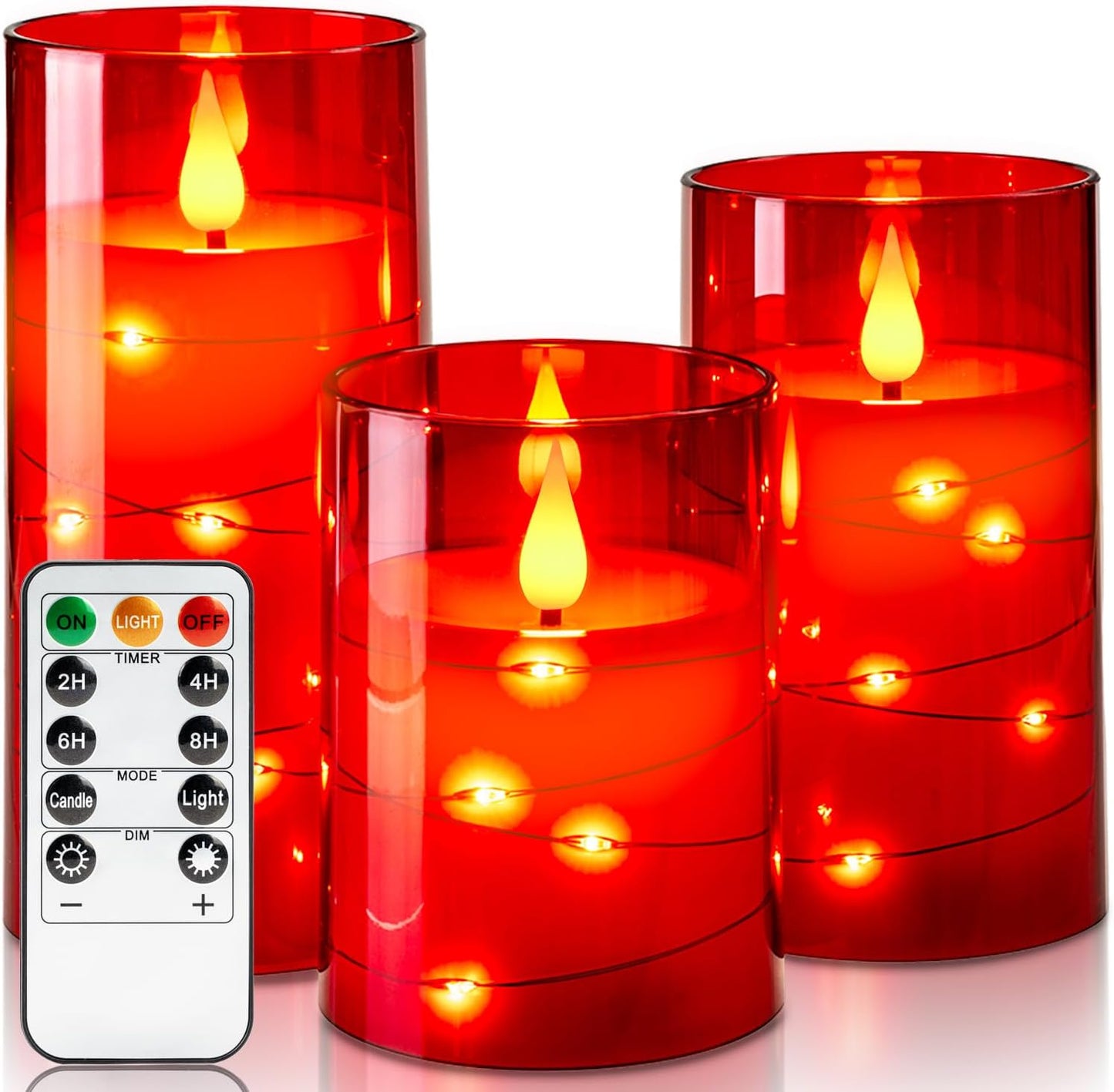 Amagic Red Flameless Candles 3 Set, Flickering Battery Operated Candles Embedded Fairy String Light, Realistic Pillar Candle with Remote Control and Timer, Acrylic, D3 x H4 5" 6"