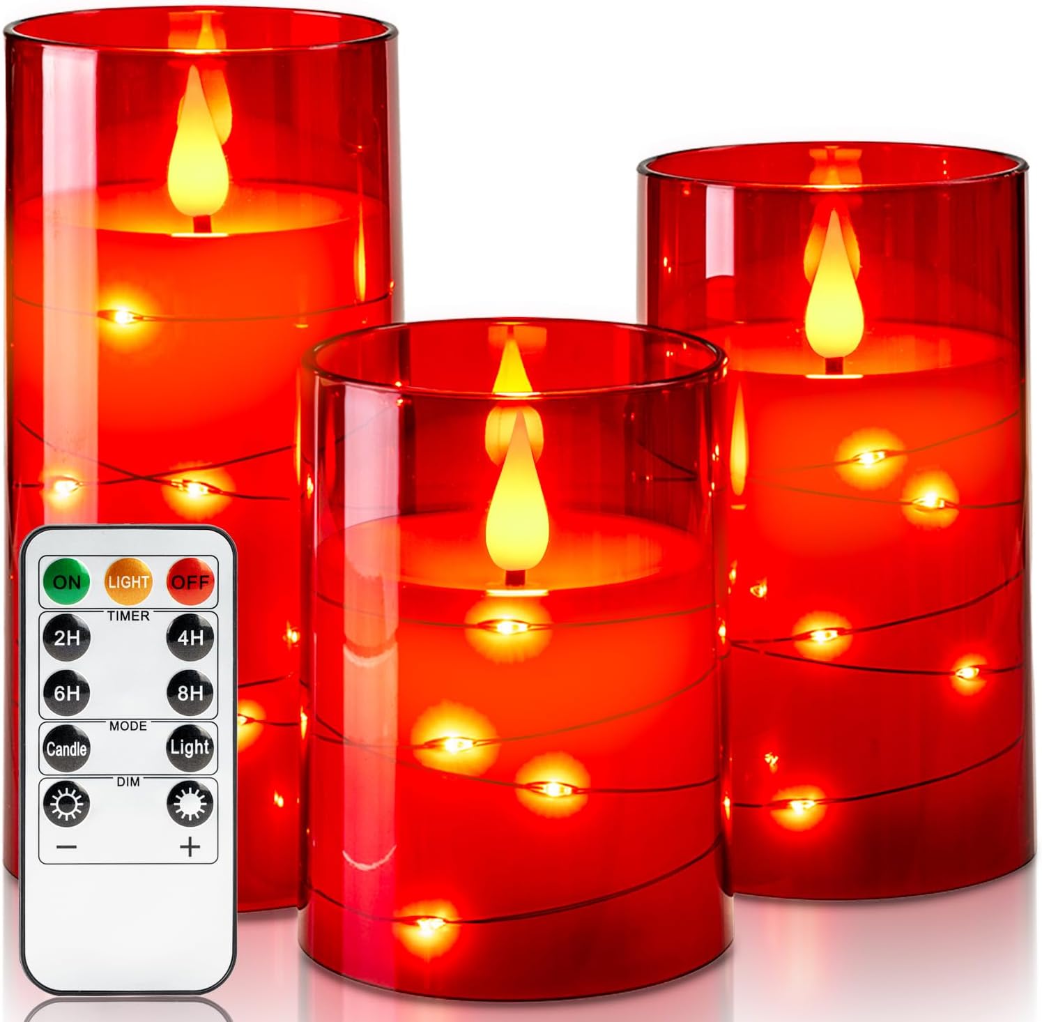 Amagic Red Flameless Candles 3 Set, Flickering Battery Operated Candles Embedded Fairy String Light, Realistic Pillar Candle with Remote Control and Timer, Acrylic, D3 x H4 5" 6"