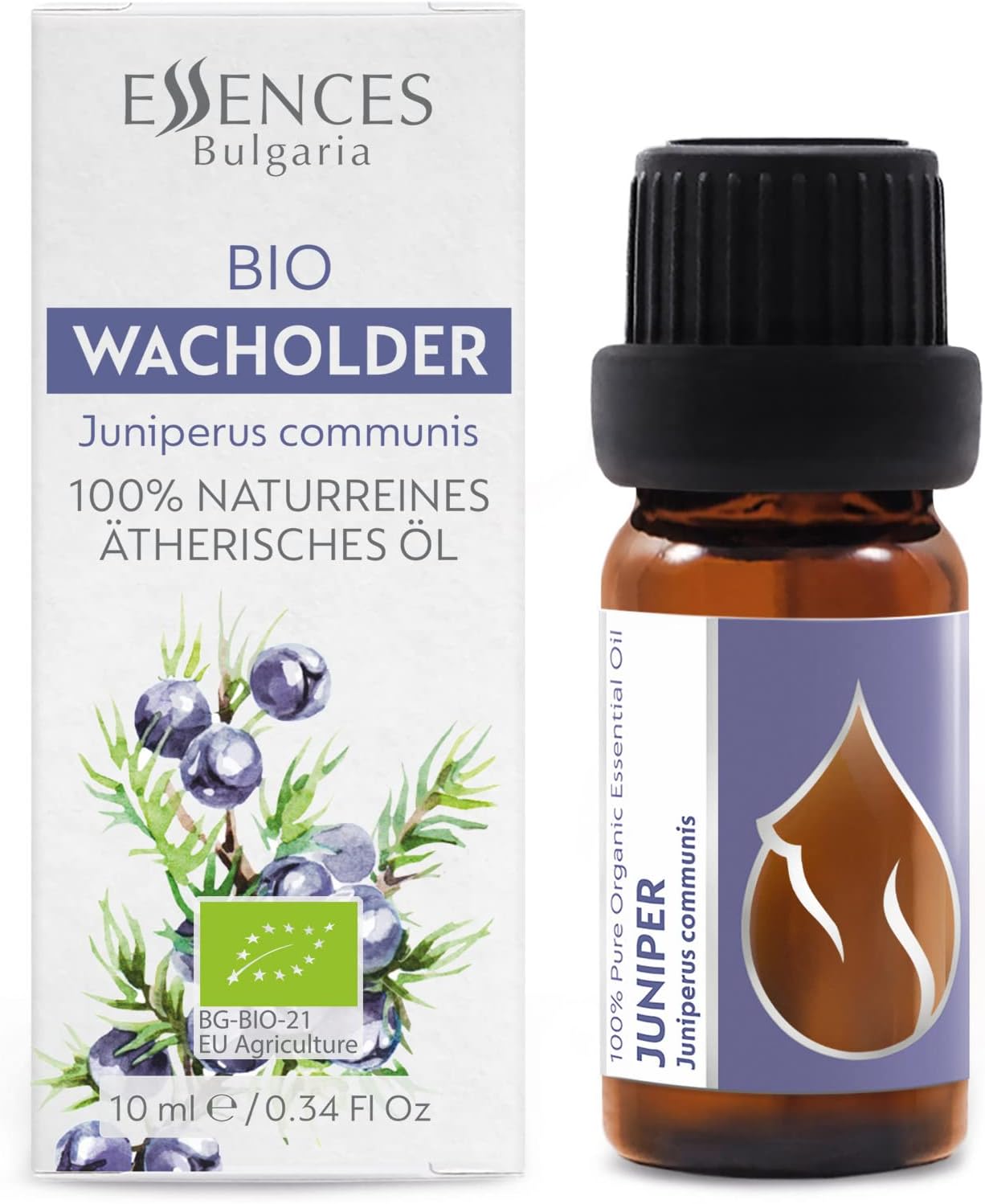 Essences Bulgaria Organic Juniper Essential Oil 1/3 Fl Oz | 10ml | Juniperus communis | 100% Pure and Natural | Undiluted | Therapeutic Grade | Family Owned Farm | Steam-Distilled | Non-GMO | Vegan