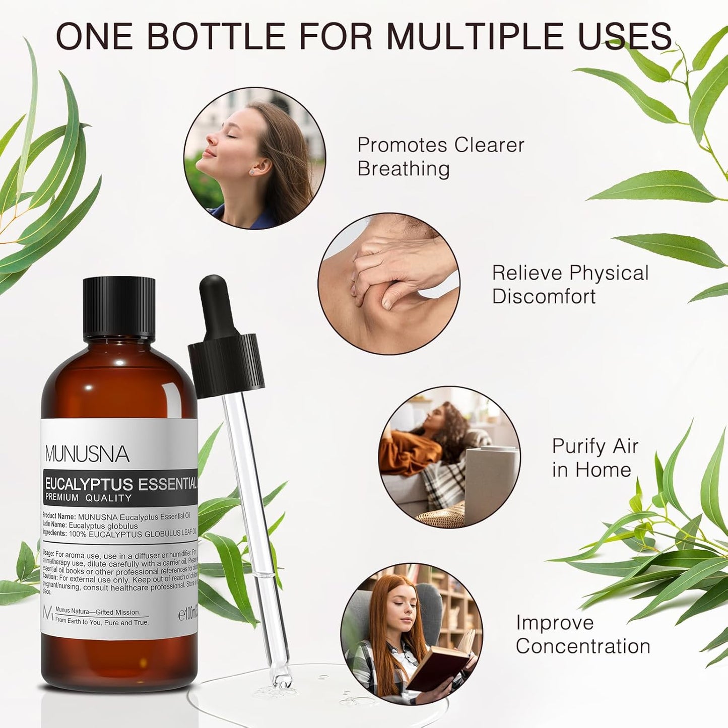 Eucalyptus Essential Oil, Premium Grade Pure Eucalyptus Oils 100ML, 100% Natural Aromatherapy Essential Oil for Shower, Skin, Diffuser, Massage, Candle, Soap, Bath Bombs Making
