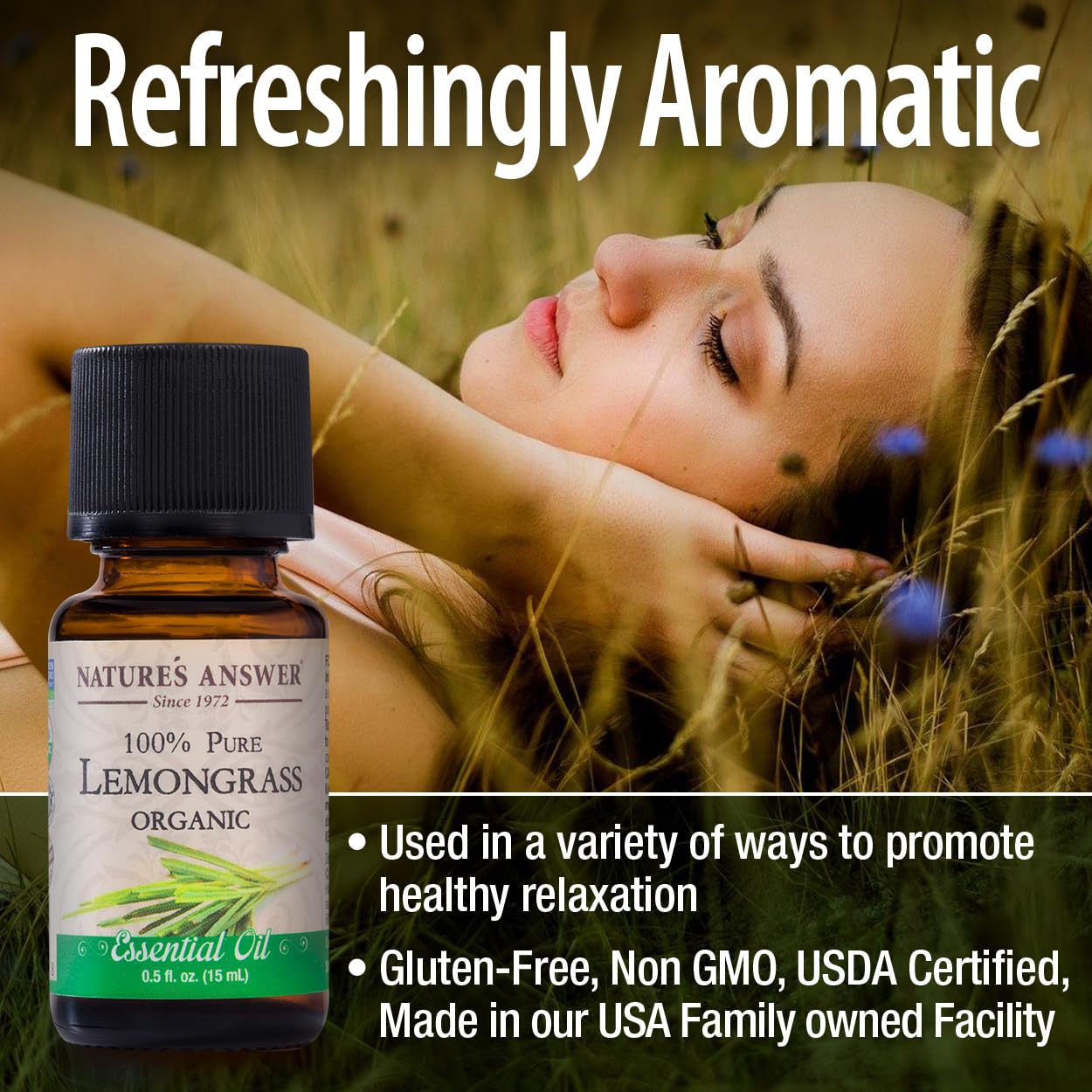 Nature’s Answer USDA Organic Lemongrass Essential Oil, 100% Pure | Natural Aromatherapy Oil for Diffuser/Humidifier, Steam Distilled 0.5 fl oz. (15ml) | Made in USA