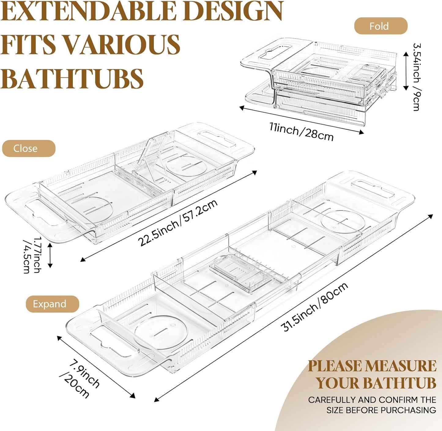 Expandable Clear Acrylic Bathtub Tray Caddy, Foldable Tub Bath Tray with Drain Slots, Slip-Resistant Waterproof Bathroom Shelf Caddy & Home Spa Gift for Women