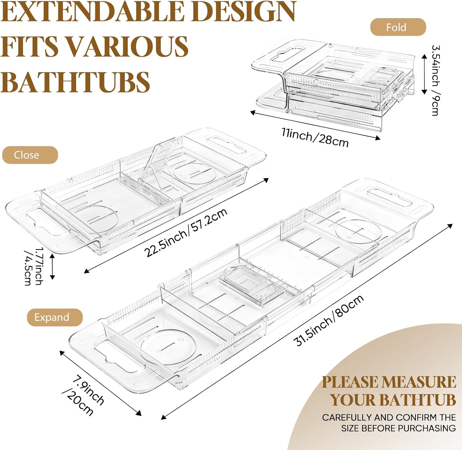 Expandable Clear Acrylic Bathtub Tray Caddy, Foldable Tub Bath Tray with Drain Slots, Slip-Resistant Waterproof Bathroom Shelf Caddy & Home Spa Gift for Women
