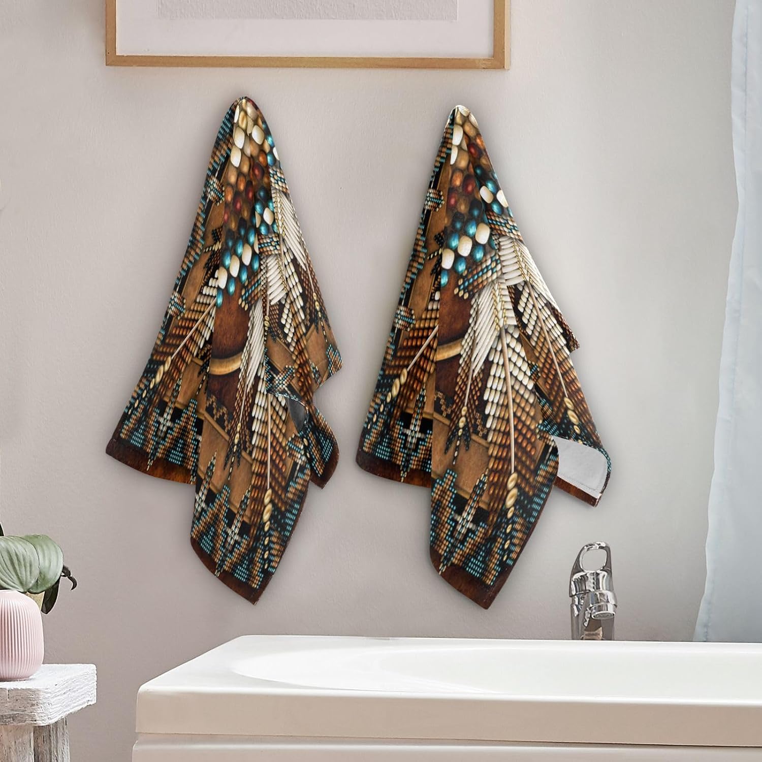 Southwestern Hand Towels for Bathroom Set of 2 Soft Absorbent Rustic Tribal Native American Indian Aztec Kitchen Towels,Decorative Brown Bathroom Towels for Bath Guest Spa Face Hair 14"x28"