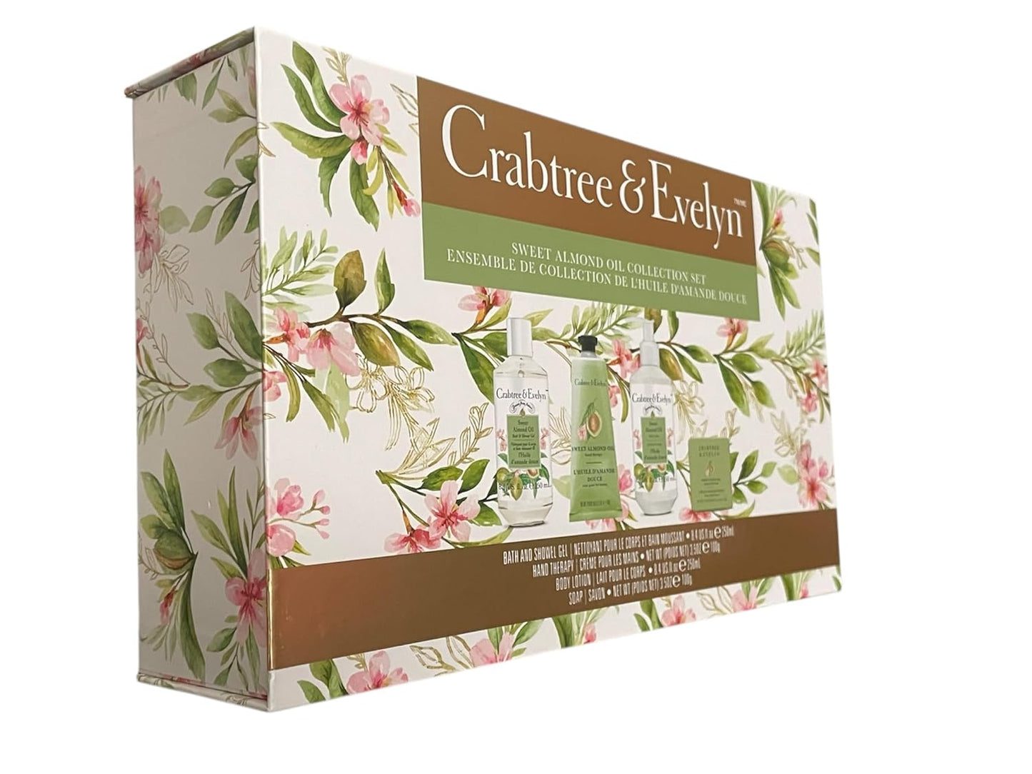 Crabtree & Evelyn Sweet Almond Oil Collection Set (Bath & Shower Gel 8.4 fl oz, Hand Therapy 3.5 oz, Body Lotion 8.4 fl oz, Bar Soap 3.5 oz)