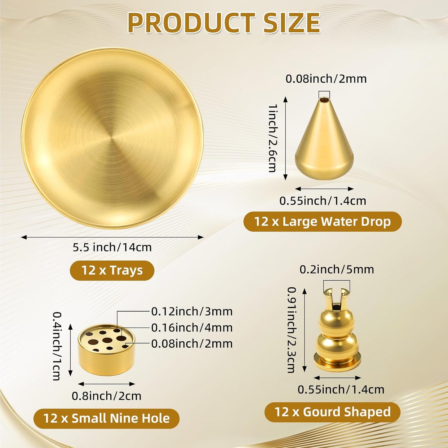 Baderke 12 Set 4 in 1 Incense Burner 5.5 Inch Brass Incense Holder for Sticks Coil Cones Brass Ash Catcher for Meditation Yoga Room, Home Fragrance Decoration