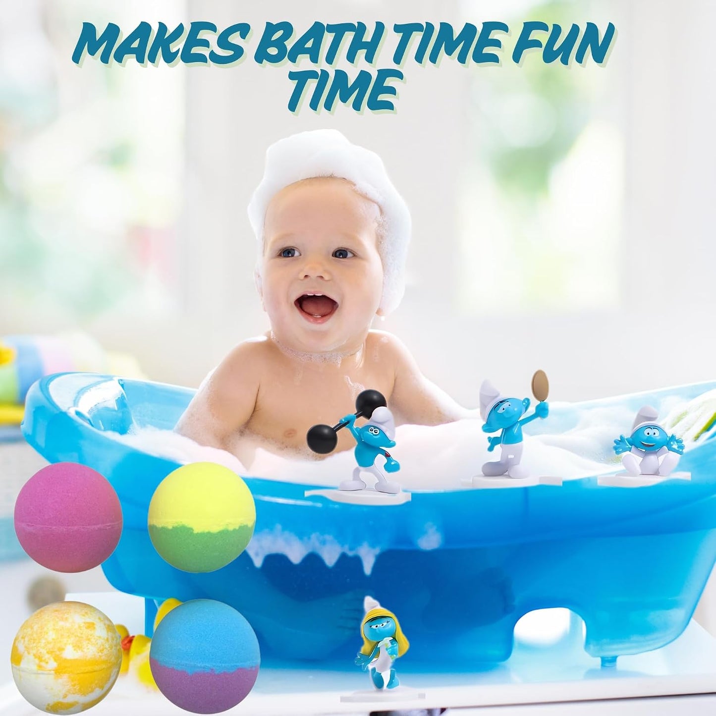 The Smurfs Bath Bombs with Action Figures-Brainy, Handy Smurf, Blossom, and Azrael (Pack 3)