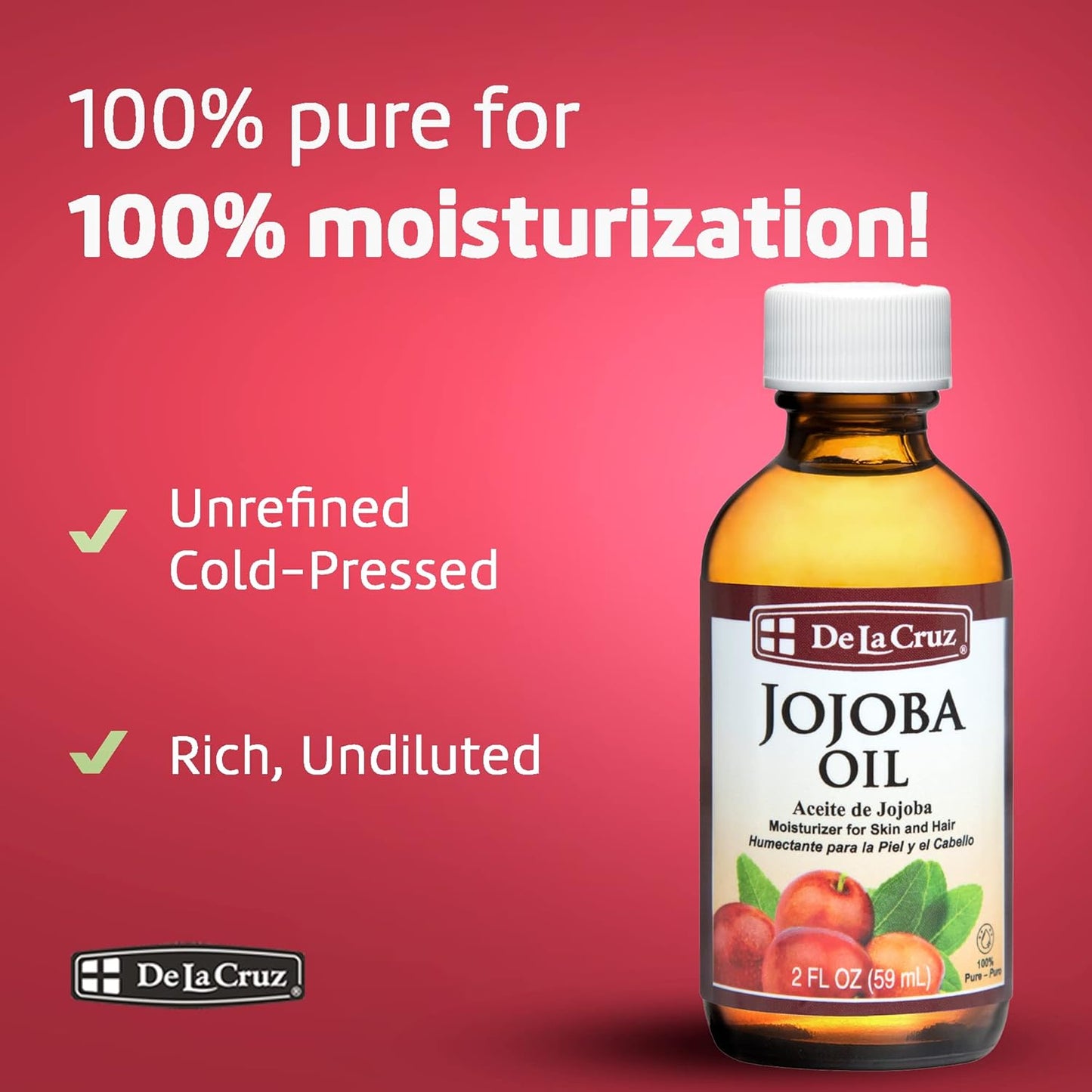 De La Cruz 100% Pure Cold-Pressed Golden Jojoba Oil - Organic Jojoba Oil for Hair and Skin - 2 FL OZ - 59 mL