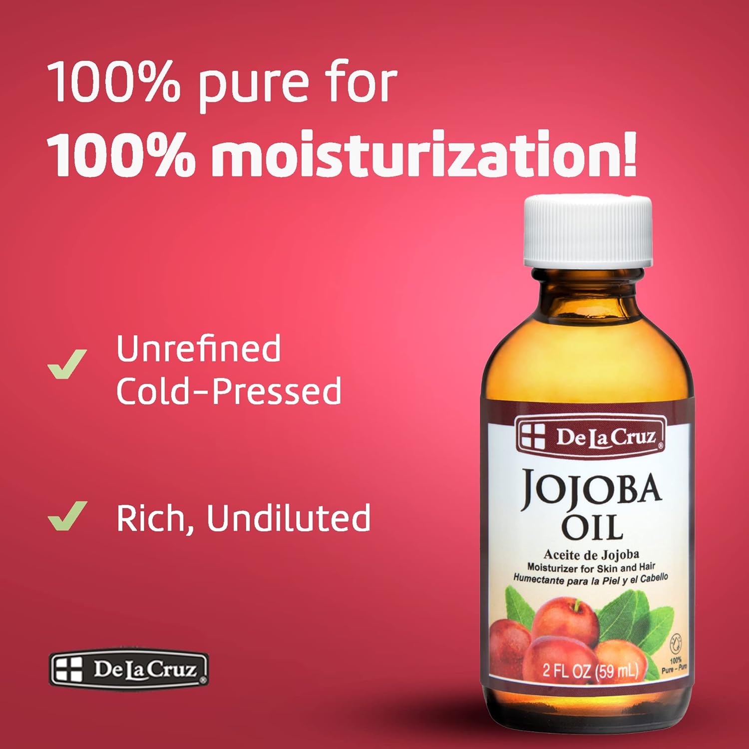 De La Cruz 100% Pure Cold-Pressed Golden Jojoba Oil - Organic Jojoba Oil for Hair and Skin - 2 FL OZ - 59 mL