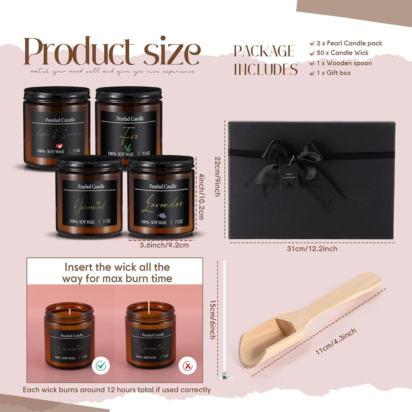 Conelist Pearled Candle Jar Gift Set 28oz Scented Pearl Sand Candle with 4 Jars 50 Wicks and Gift Box for Women Mothers Day Apple Cinnamon/Lavender/fir/Original, 4 Fragrance