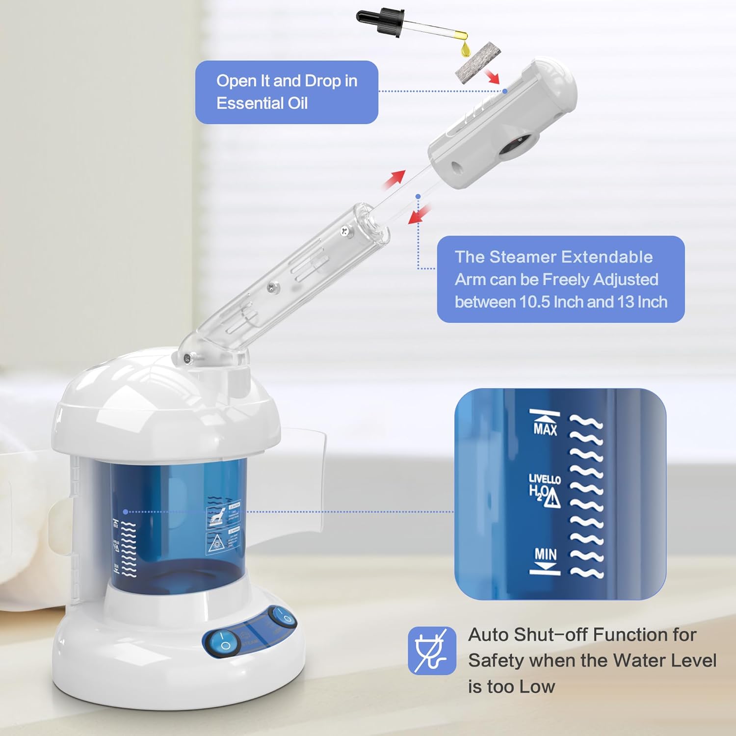 Facial Steamer - Ozone Steamer with Extendable Arm - Professional Nano Ionic Facial Steamer for Deep Cleaning - Portable for Personal Care Use at Home or Salon