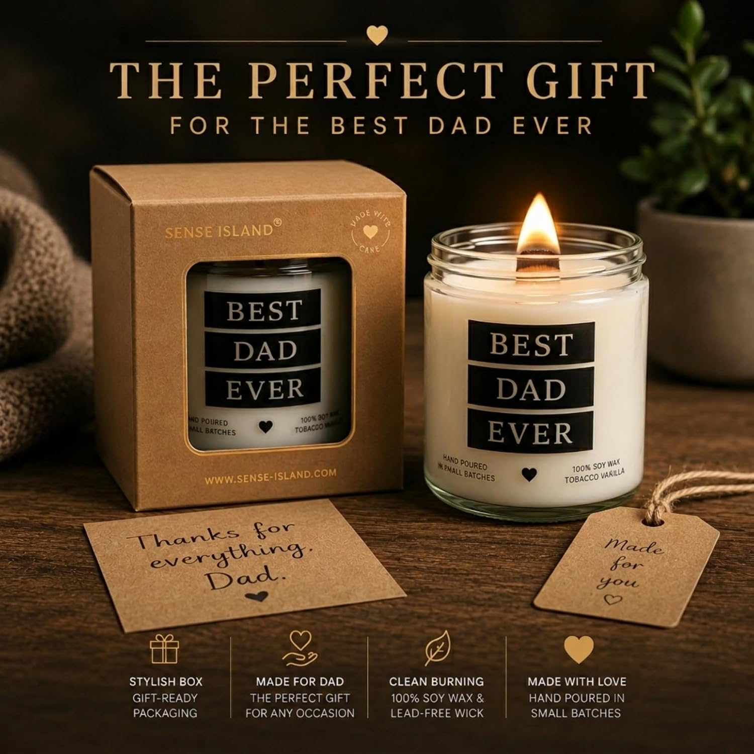 Best Dad Ever Candle, Tobacco Vanilla Scented Candle for Dad with Crackling Wood Wick, 100% Soy Wax Candle, Hand Poured Masculine Fragrance