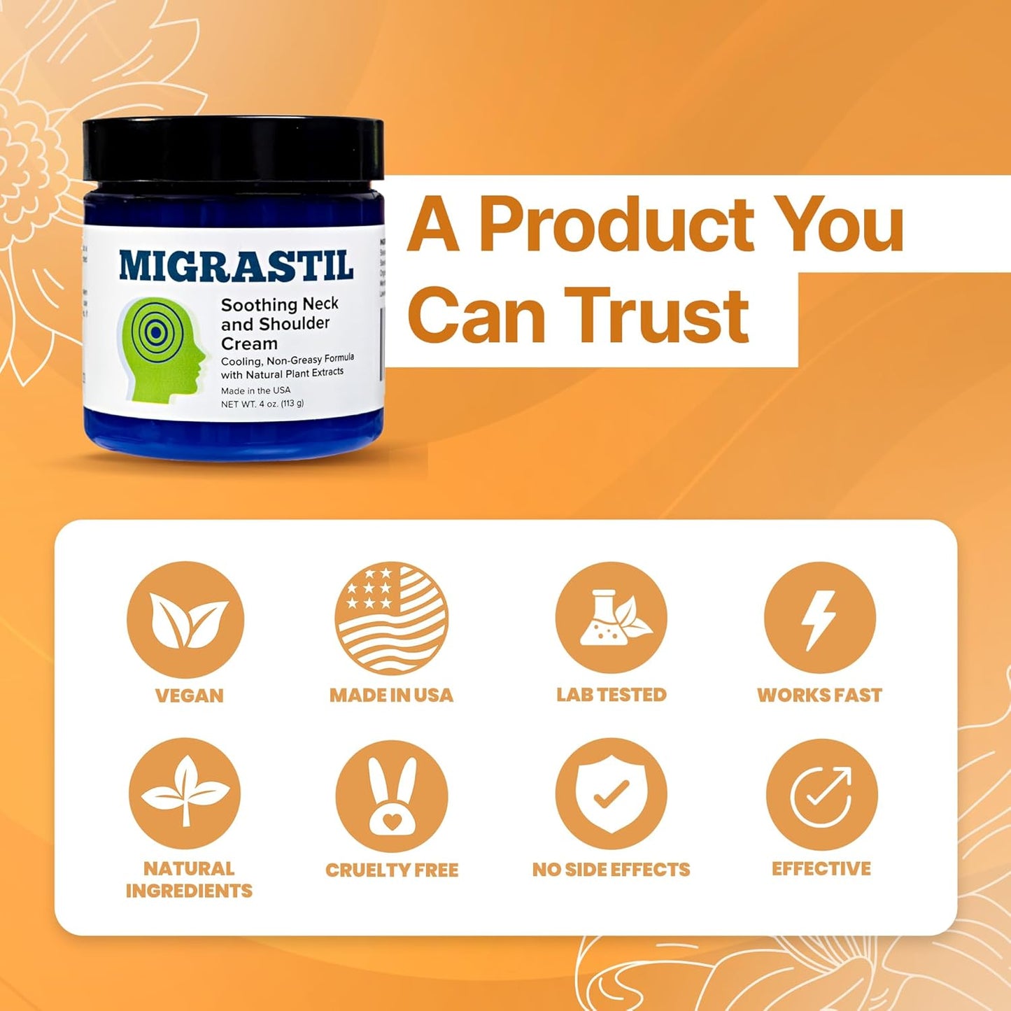 Basic Vigor Migrastil Neck & Shoulder Cream. Cooling Comfort for Migraines, Tech Neck & Tension. (4 oz.) Made in The USA.