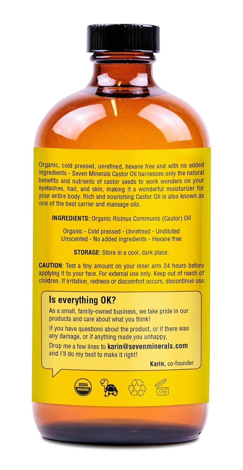 Seven Minerals USDA Organic Castor Oil - Big 16 oz Glass Bottle with Pump - 100% Pure Cold Pressed Unrefined Hexane Free - for Hair Growth, Eyelashes, Eyebrows, Skin, Cuticles &amp; Caster Oil Packs